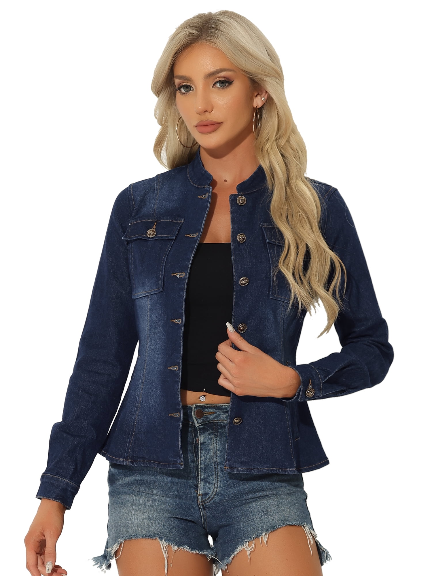 DARING DIVA Women's Classic Stand Collar Denim Jacket L Dark Blue