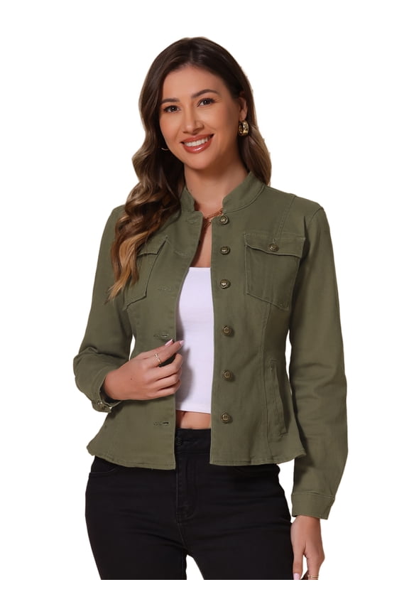 Women's Classic Stand Collar Denim Jacket L Green