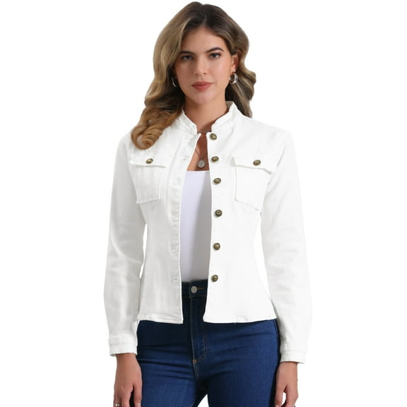 DARING DIVA Women's Classic Stand Collar Denim Jacket L White