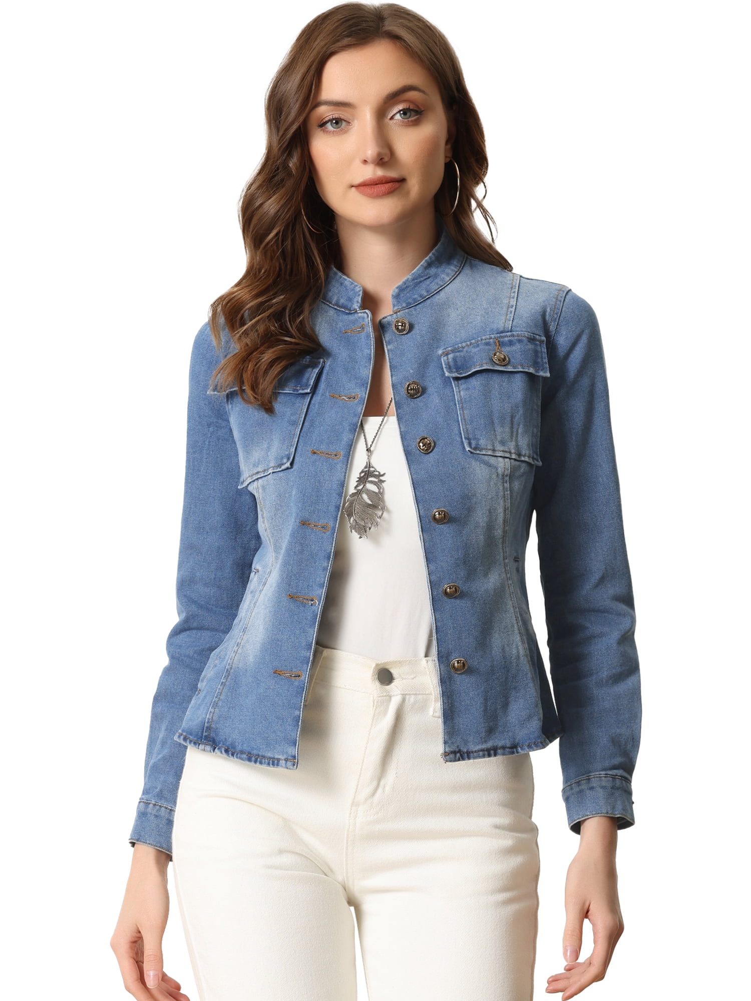 DARING DIVA Women's Classic Stand Collar Denim Jacket S Blue