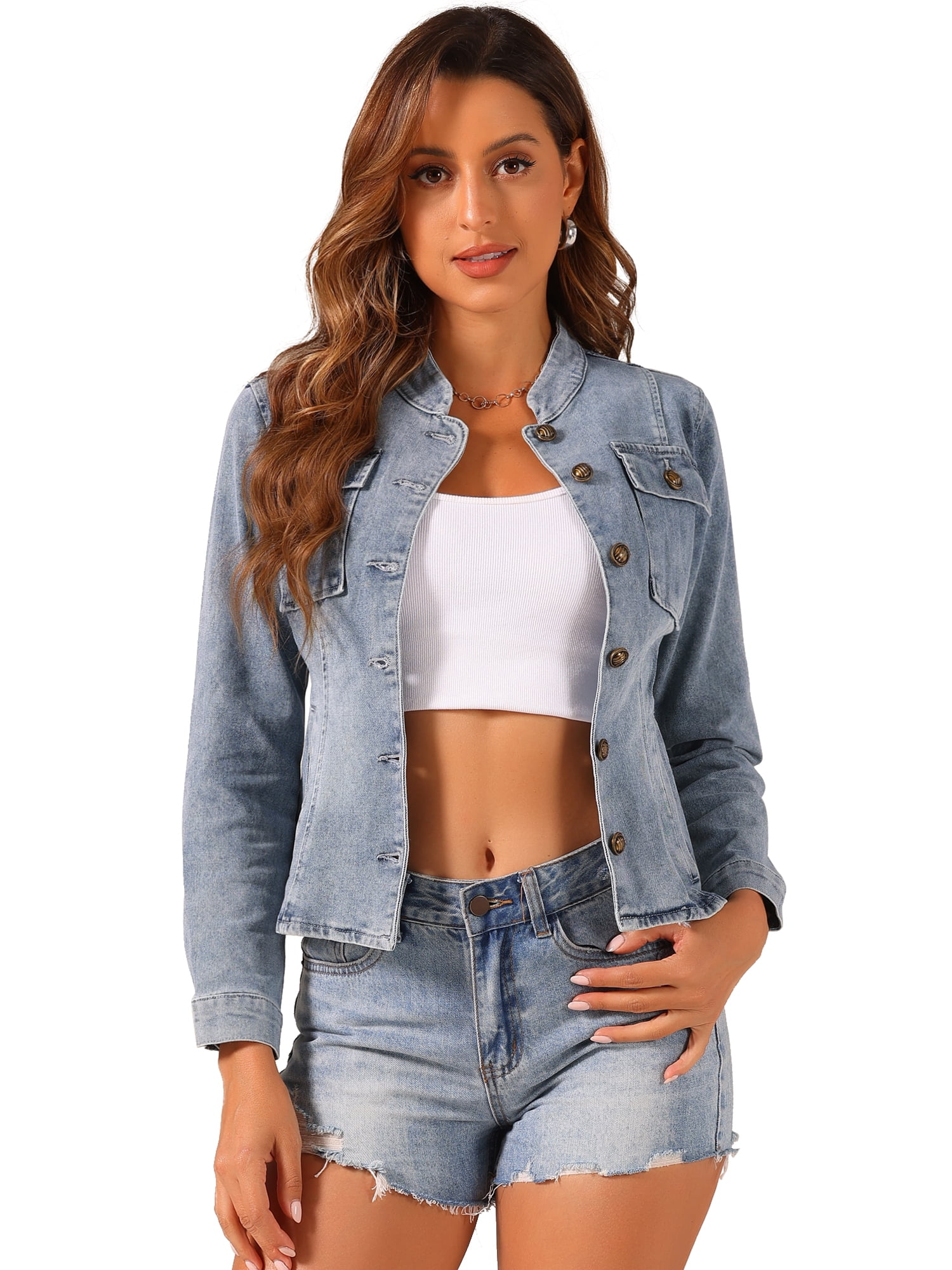 DARING DIVA Women's Classic Stand Collar Denim Jacket S Grey Blue