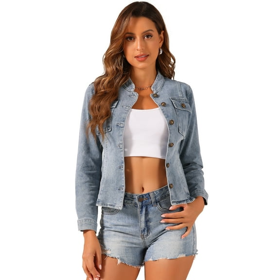 DARING DIVA Women's Classic Stand Collar Denim Jacket S Grey Blue