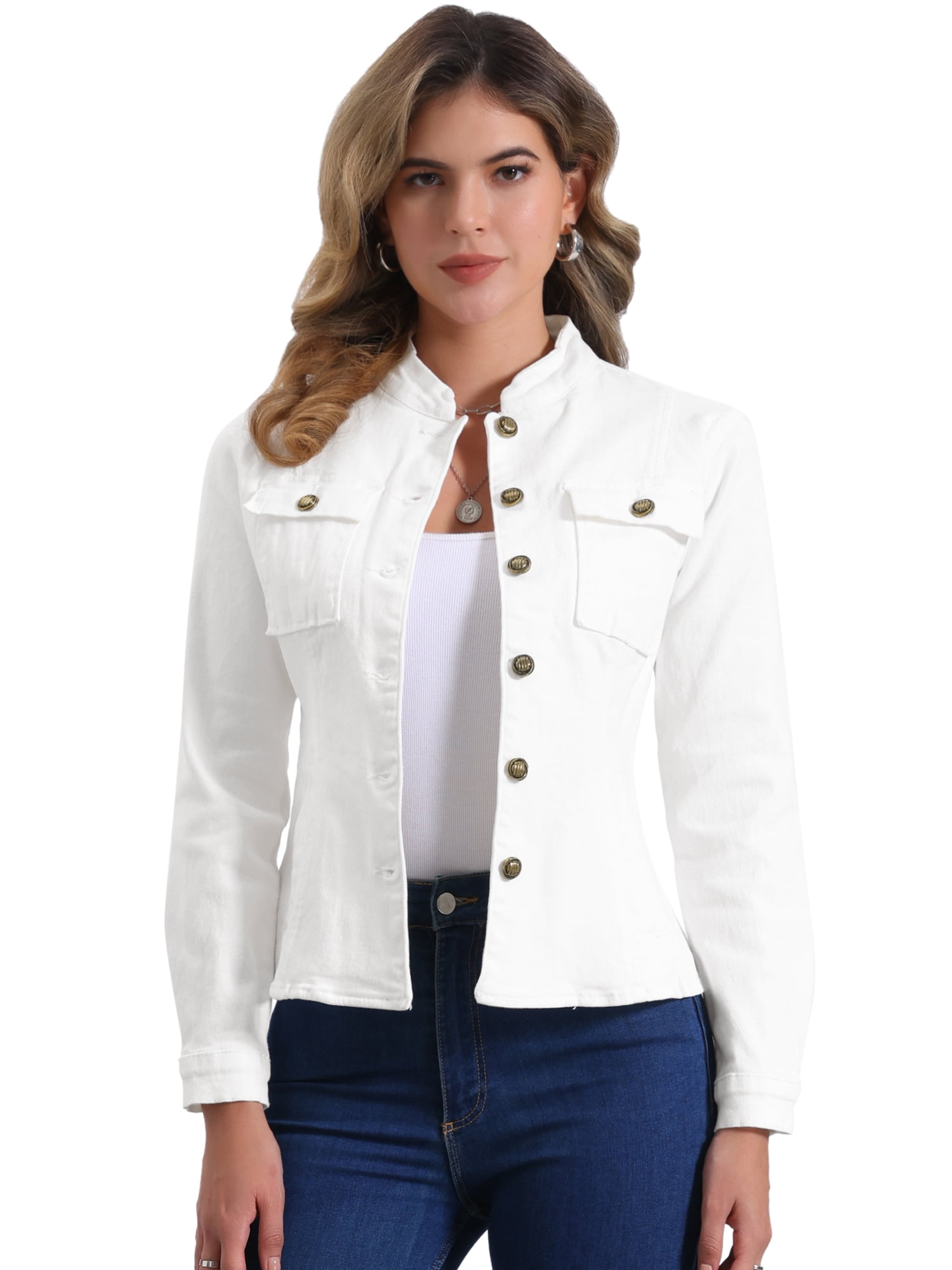 DARING DIVA Women's Classic Stand Collar Denim Jacket S White