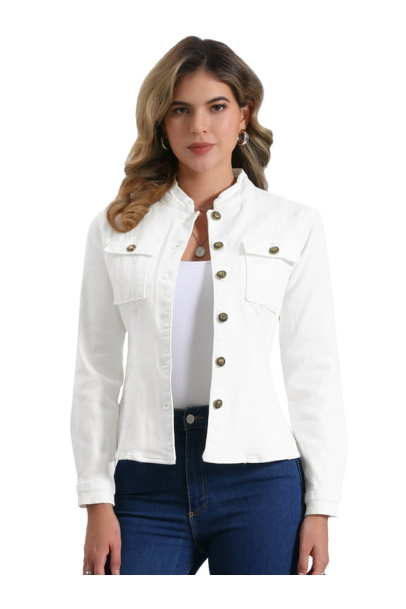 Women's Classic Stand Collar Denim Jacket S White