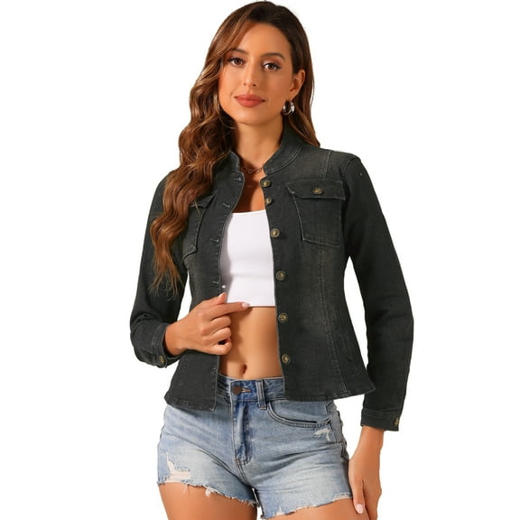 DARING DIVA Women's Classic Stand Collar Denim Jacket XL Black