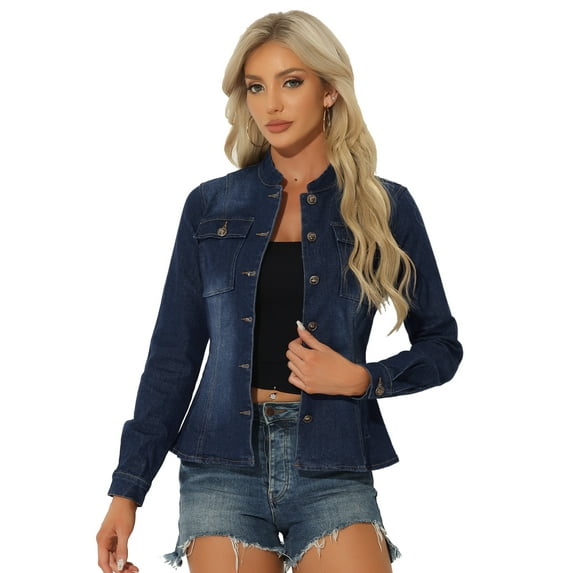 DARING DIVA Women's Classic Stand Collar Denim Jacket XL Dark Blue