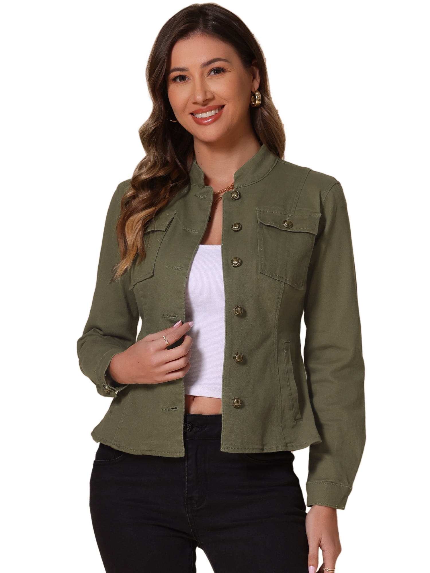 DARING DIVA Women's Classic Stand Collar Denim Jacket XL Green