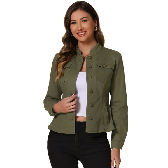 DARING DIVA Women's Classic Stand Collar Denim Jacket XL Green