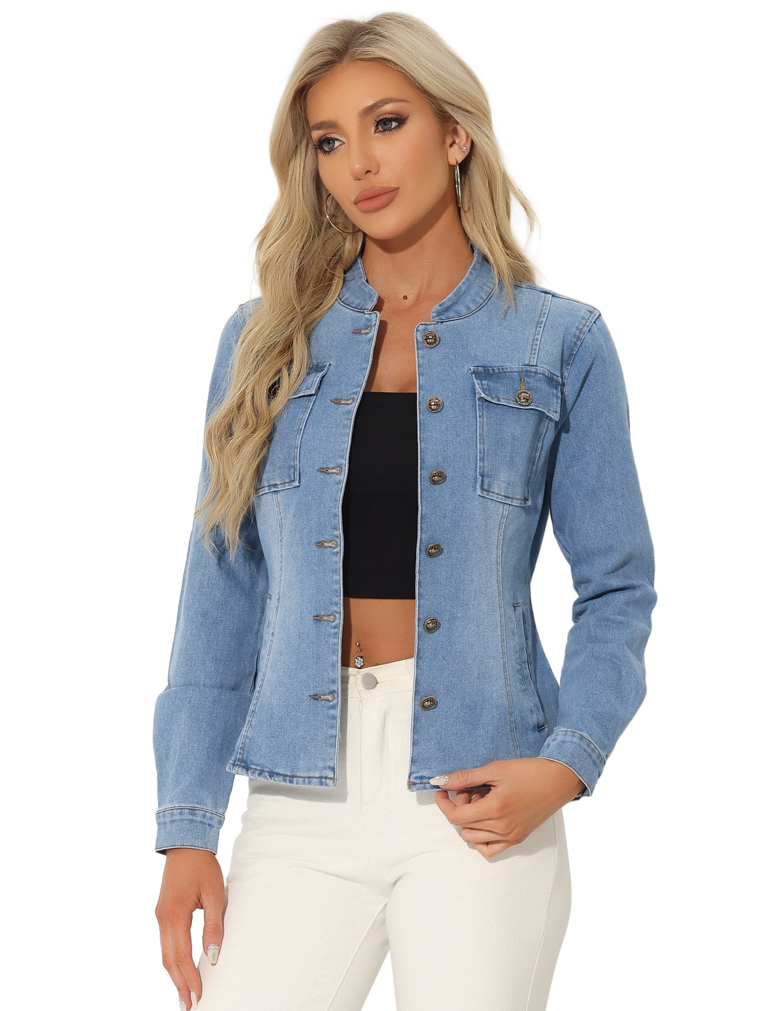 DARING DIVA Women's Classic Stand Collar Denim Jacket XS Light Blue