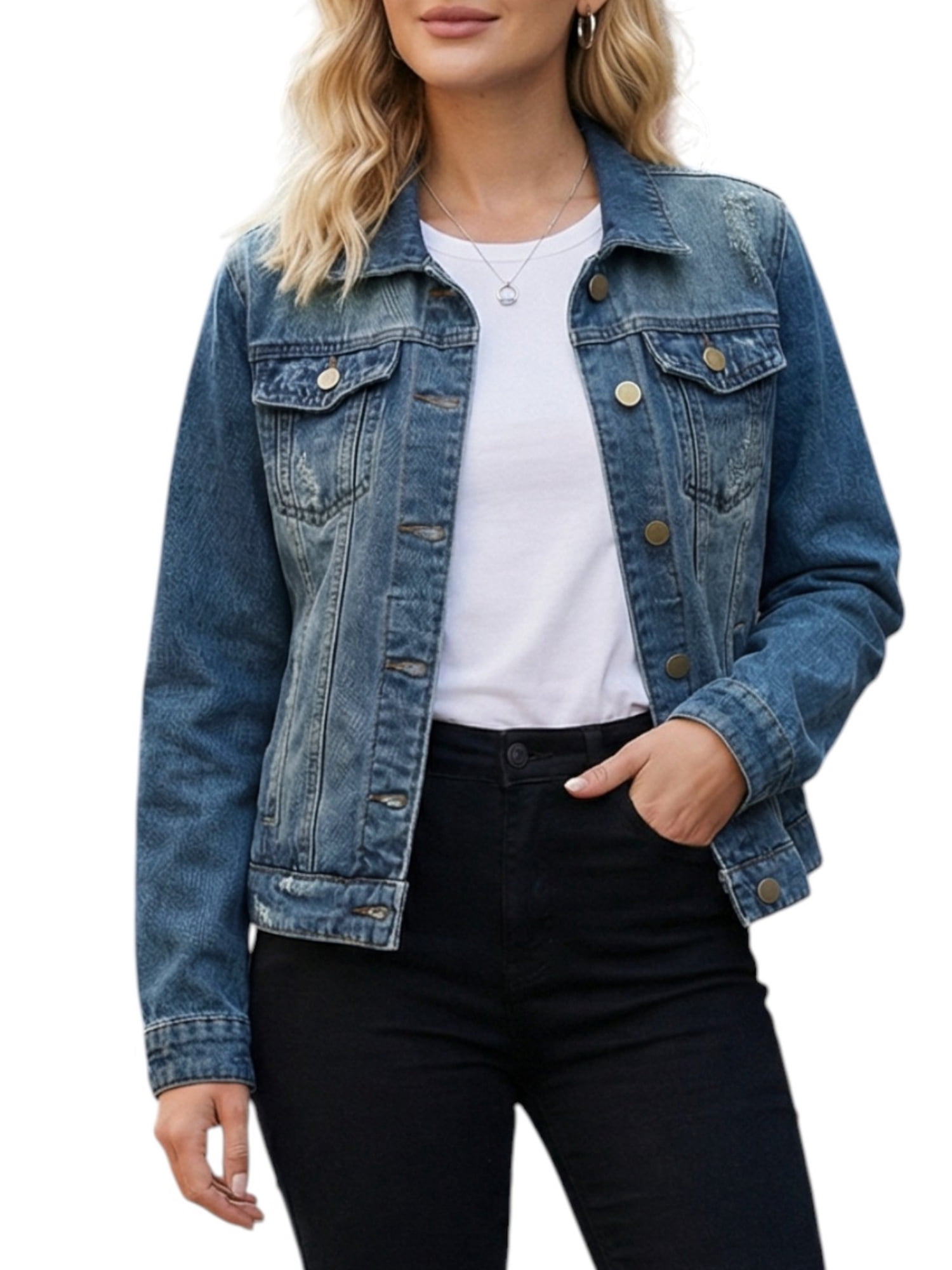 DARING DIVA Women's Classic Washed Long Sleeve Denim Jackets With Pockets M Blue