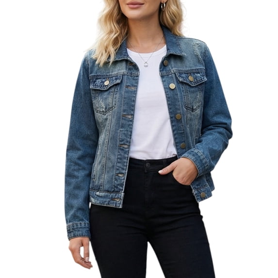 DARING DIVA Women's Classic Washed Long Sleeve Denim Jackets With Pockets M Blue