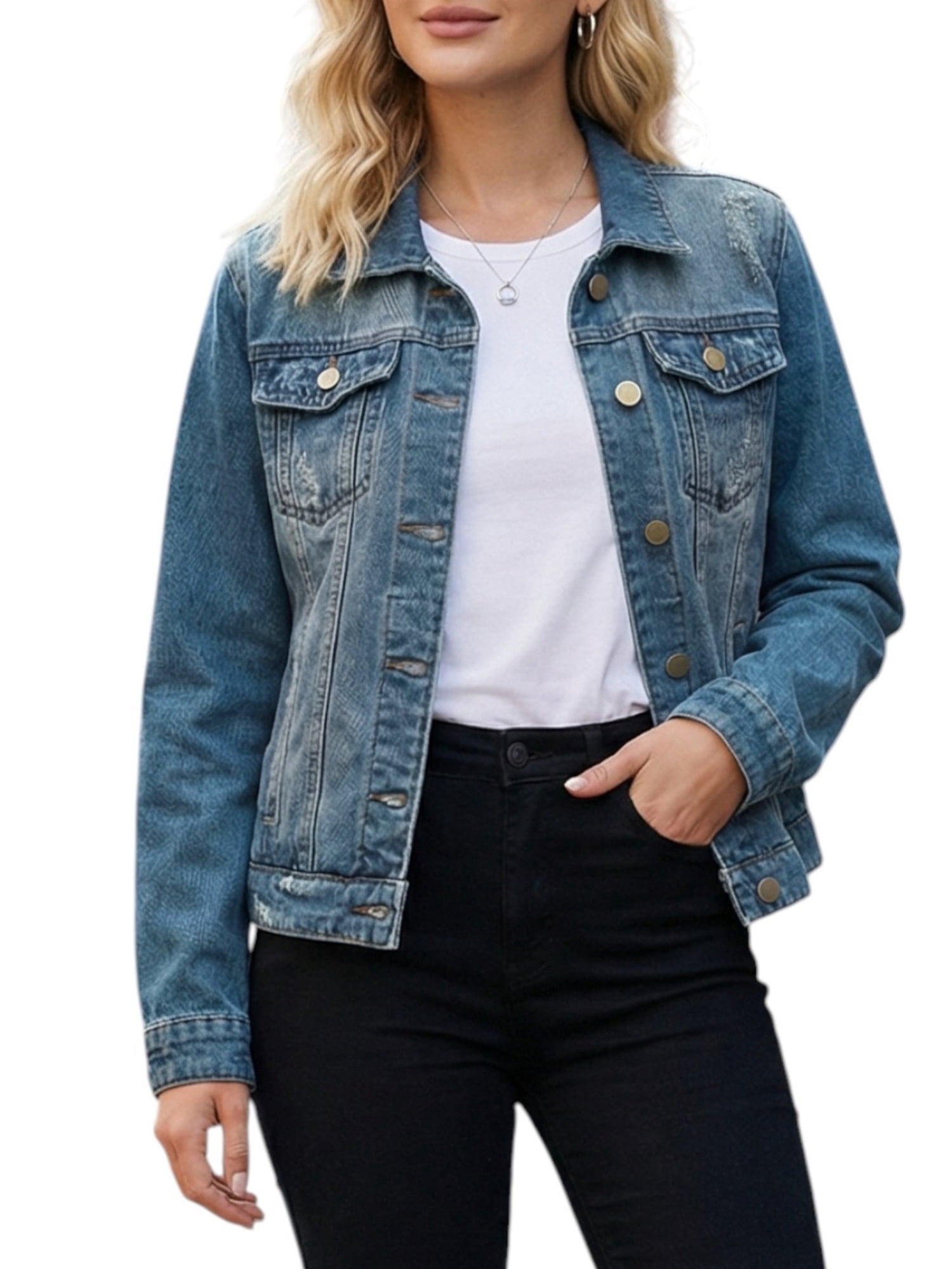 DARING DIVA Women's Classic Washed Long Sleeve Denim Jackets With Pockets S Grey Blue