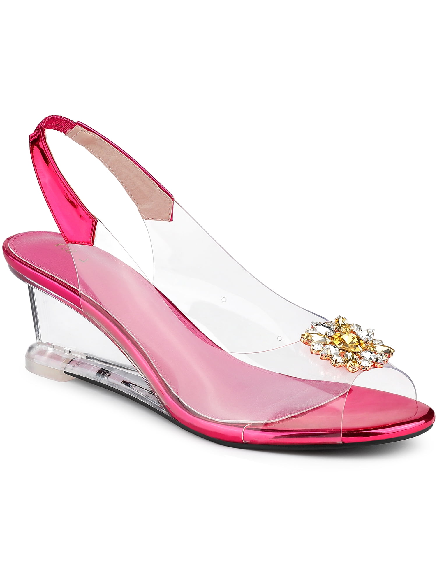 DARING DIVA Women's Clear Slingback Wedges Rhinestone Peep Toe Heels Hot Pink 8