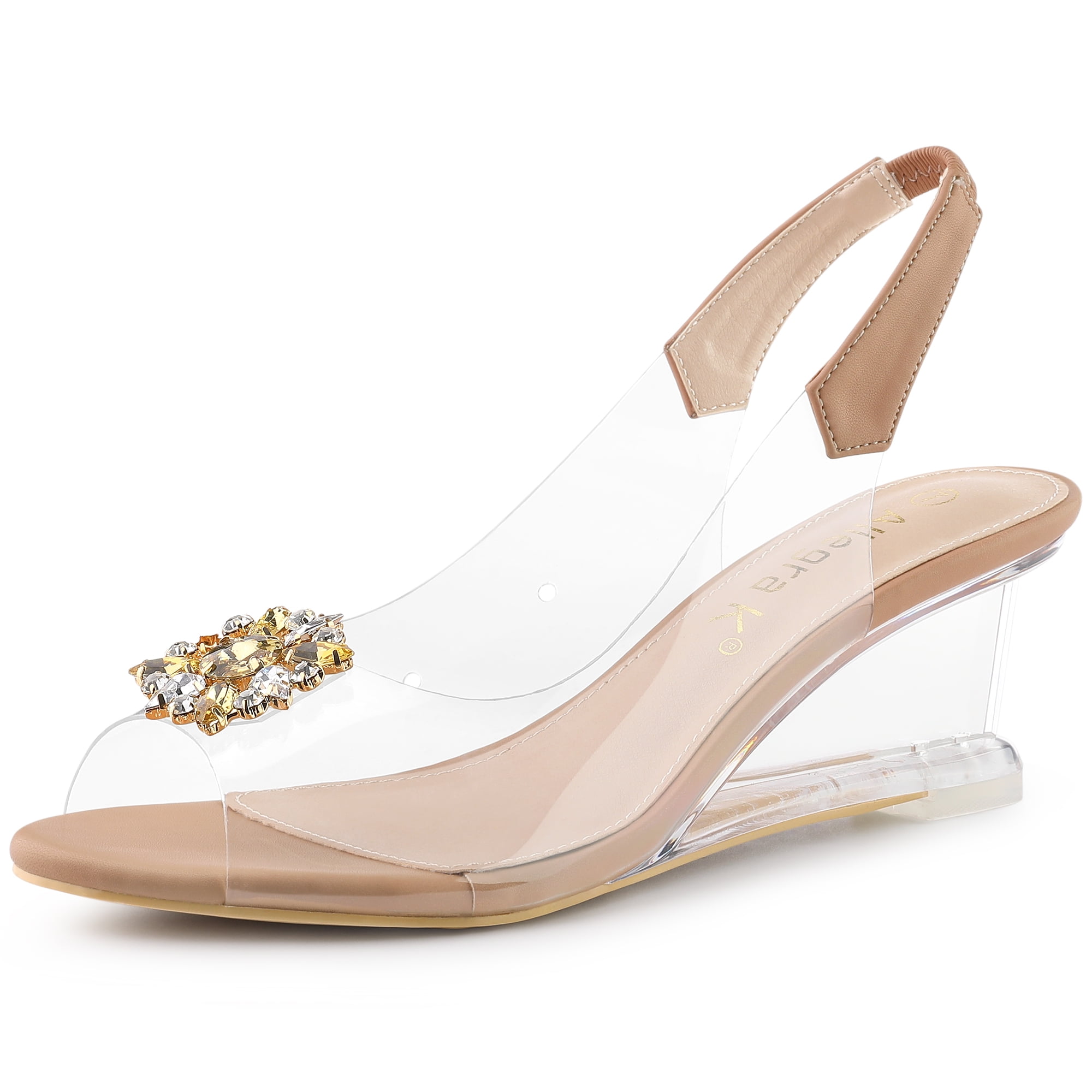 DARING DIVA Women's Clear Slingback Wedges Rhinestone Peep Toe Heels Nude 7