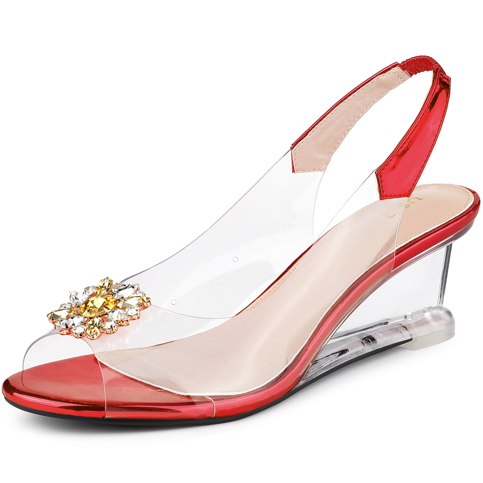 DARING DIVA Women's Clear Slingback Wedges Rhinestone Peep Toe Heels Red 8