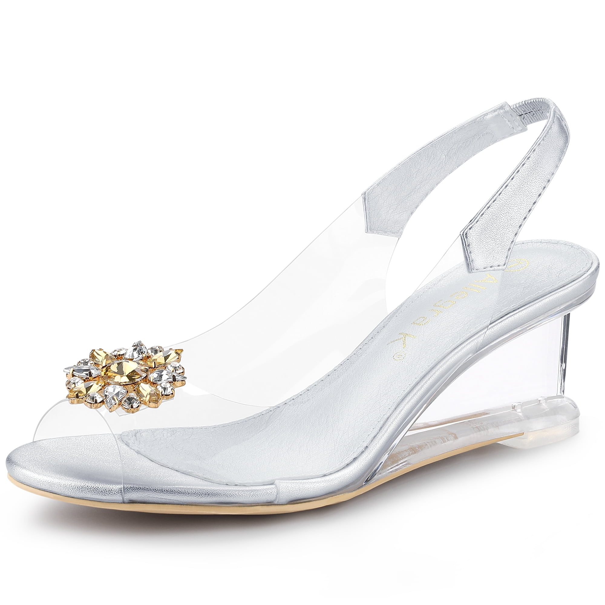 DARING DIVA Women's Clear Slingback Wedges Rhinestone Peep Toe Heels Silver 8