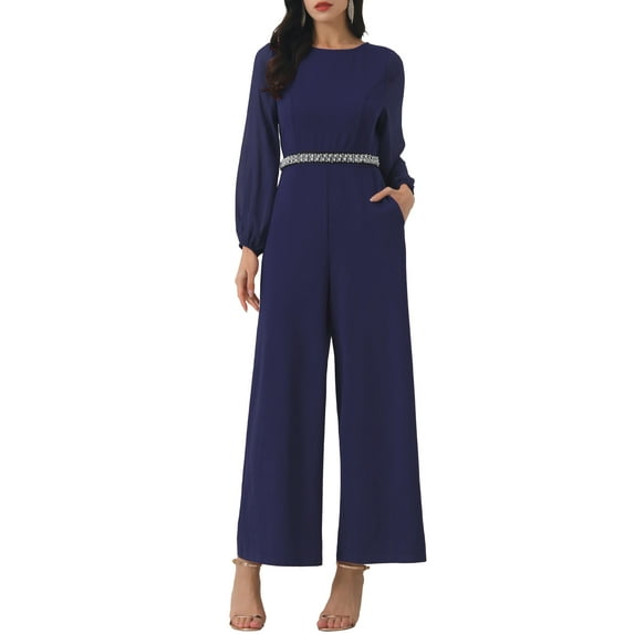 DARING DIVA Women's Cocktail Long Sleeve Beaded Wide Leg Jumpsuits X-Large Dark Blue