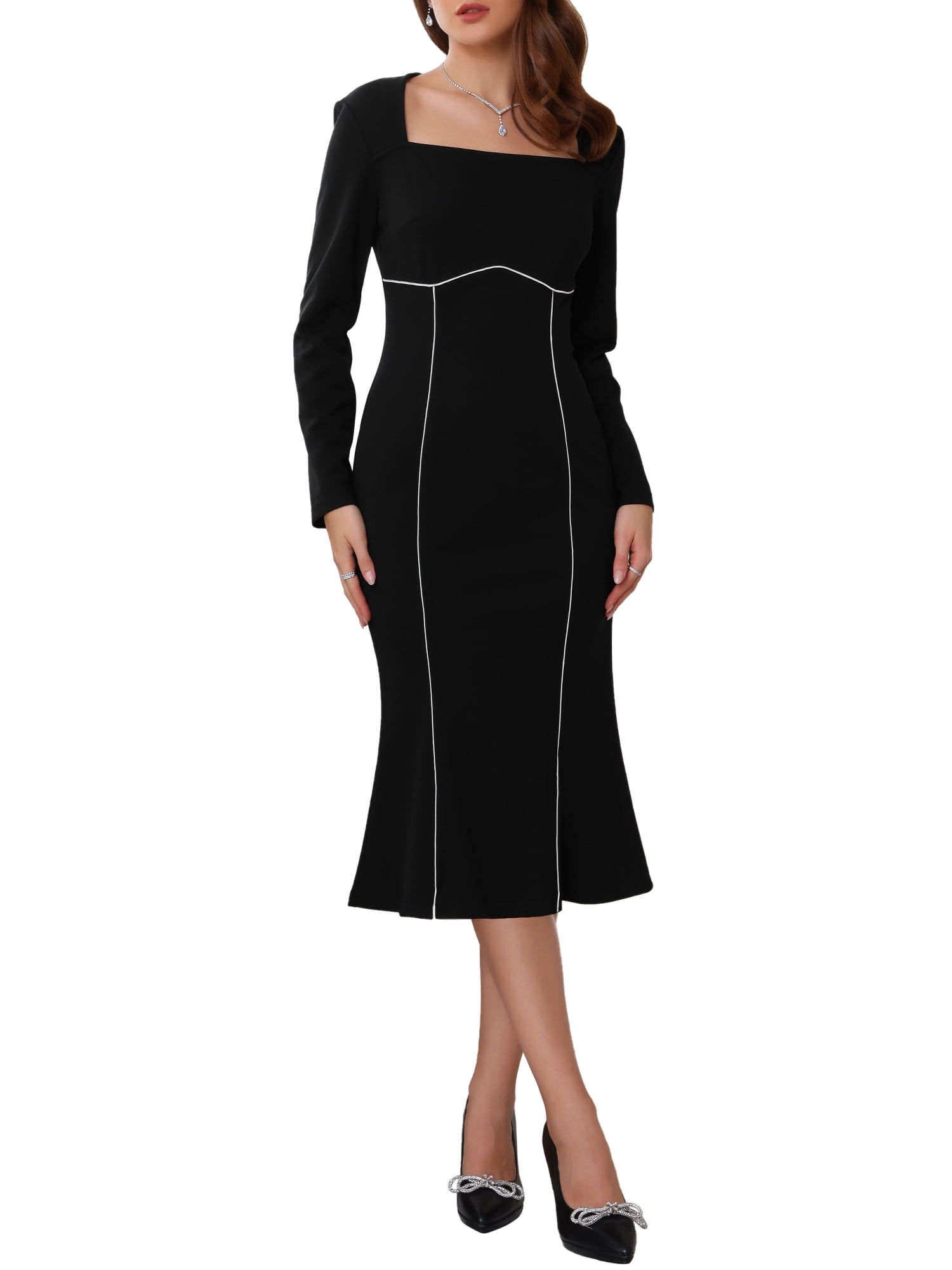 DARING DIVA Women's Cocktail Square Neck Contrast Binding Mermaid Dress S Black