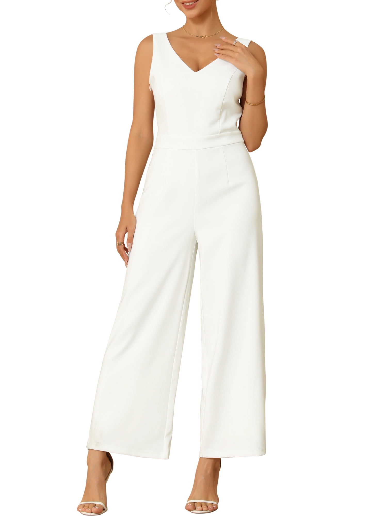 DARING DIVA Women's Cocktail V Neck Lace Backless Wide Legs Small White