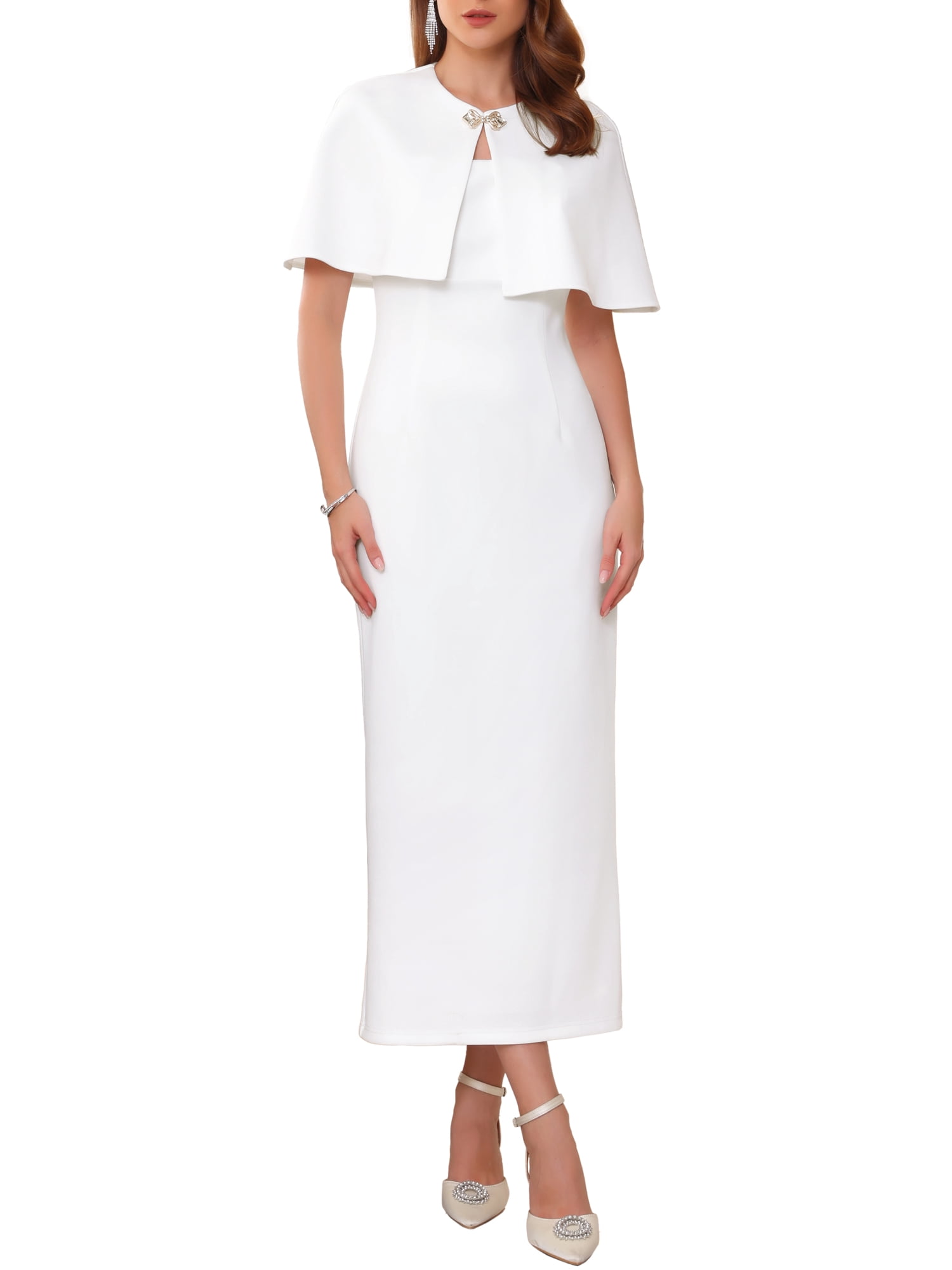 DARING DIVA Women's Cocktail Wedding Guest Dress with Cape L White
