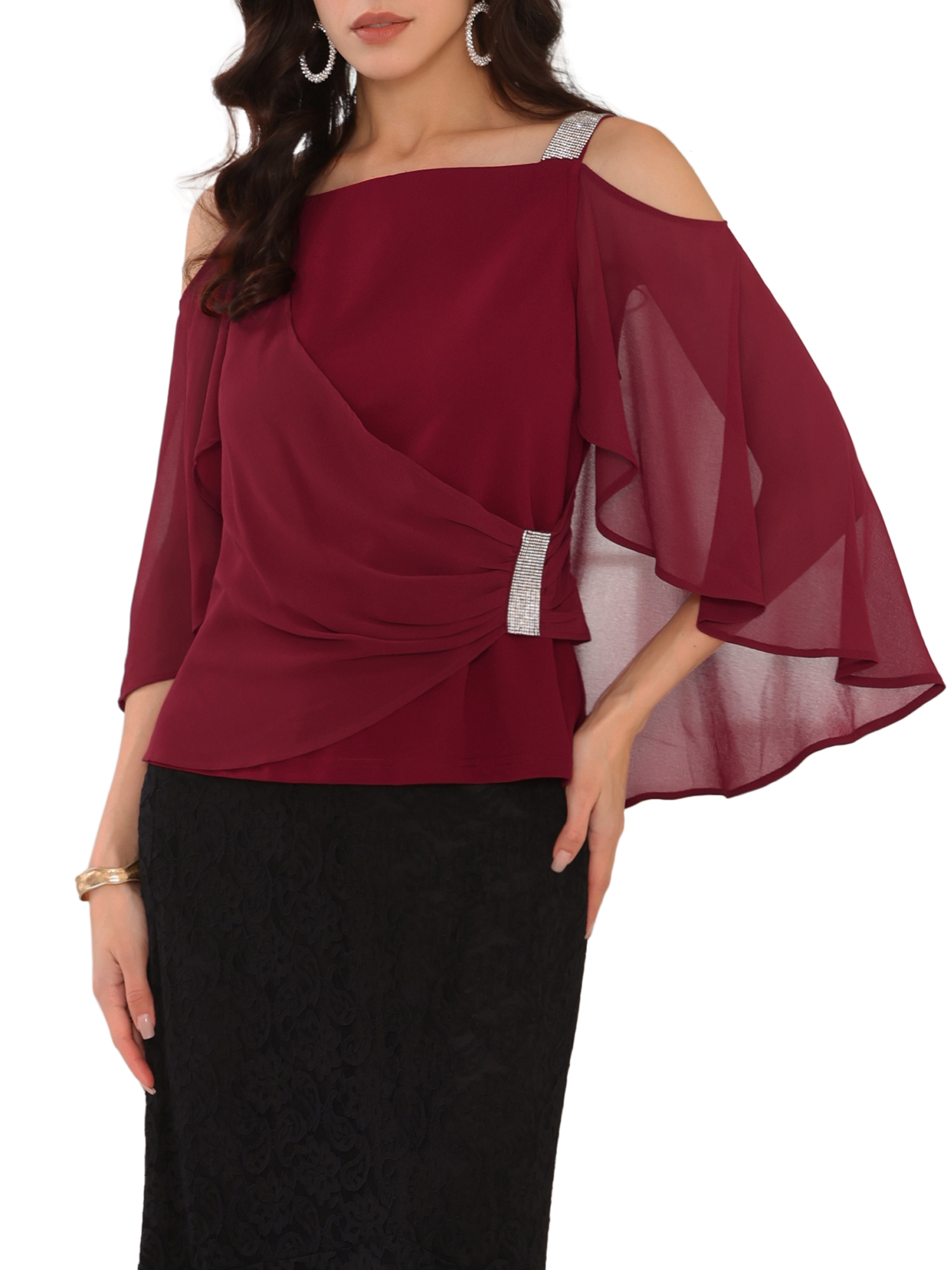DARING DIVA Women's Cold Shoulder Sparkle Rhinestone Straps Blouse M Wine Red