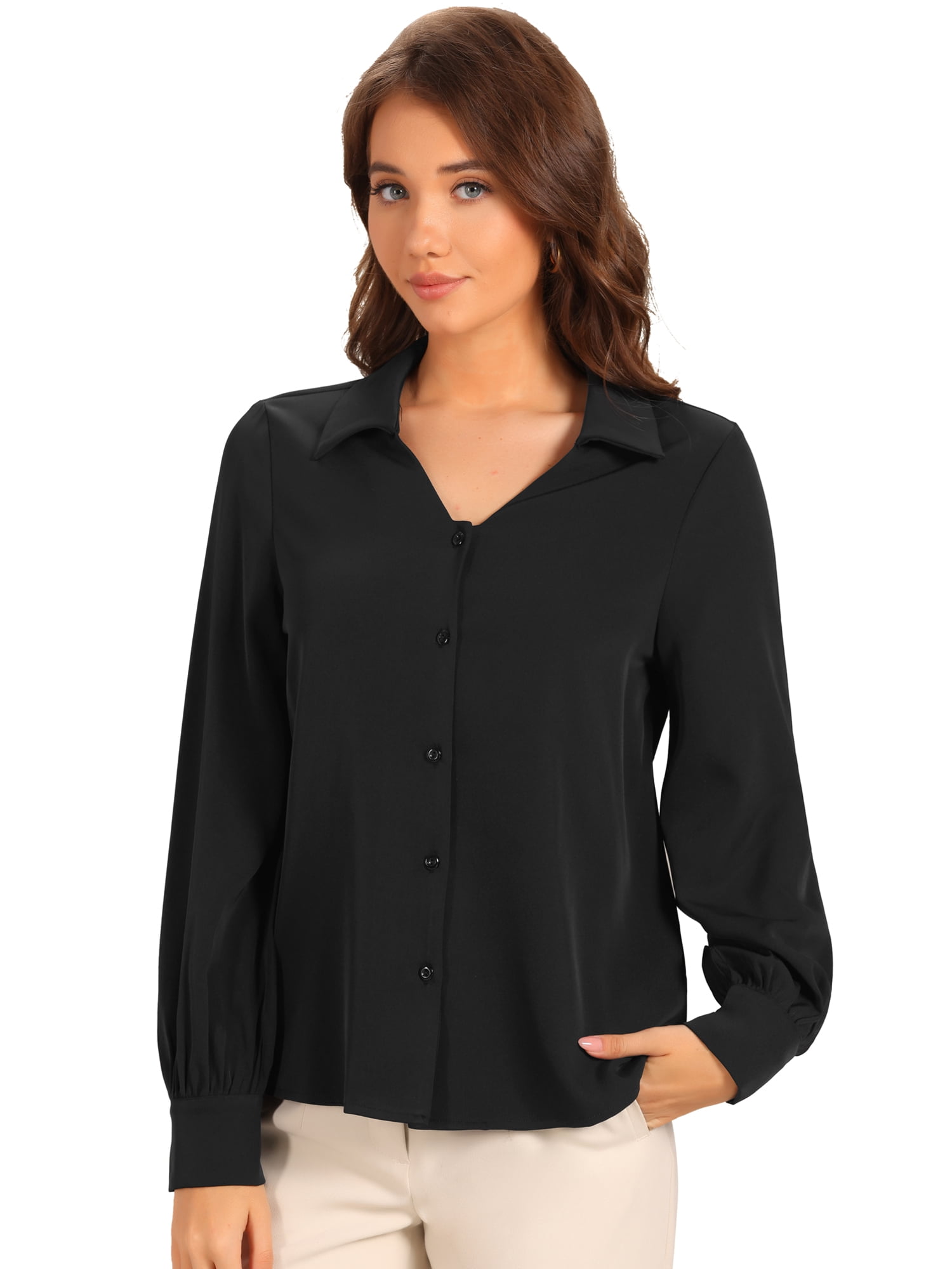 DARING DIVA Women's Collar Button Down V Neck Blouse Top Shirt L Black