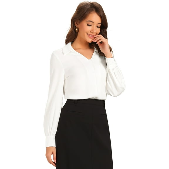 DARING DIVA Women's Collar Button Down V Neck Blouse Top Shirt L White