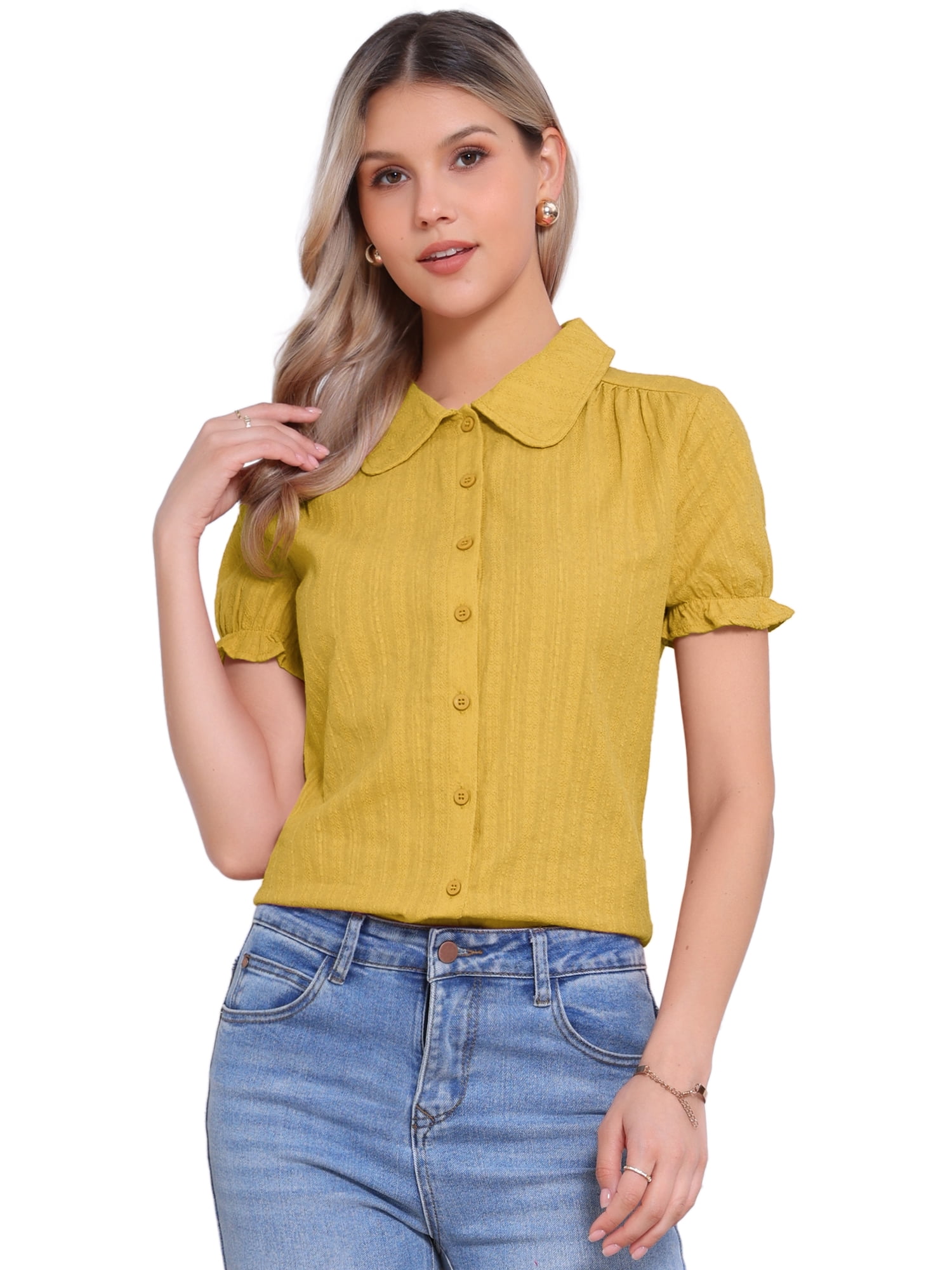 DARING DIVA Women's Collar Shirt Cotton Short Sleeve Button Down Shirt L Ginger Yellow
