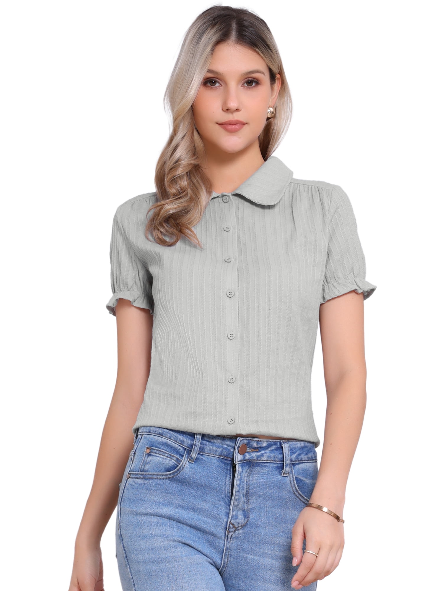 DARING DIVA Women's Collar Shirt Cotton Short Sleeve Button Down Shirt L Light Gray