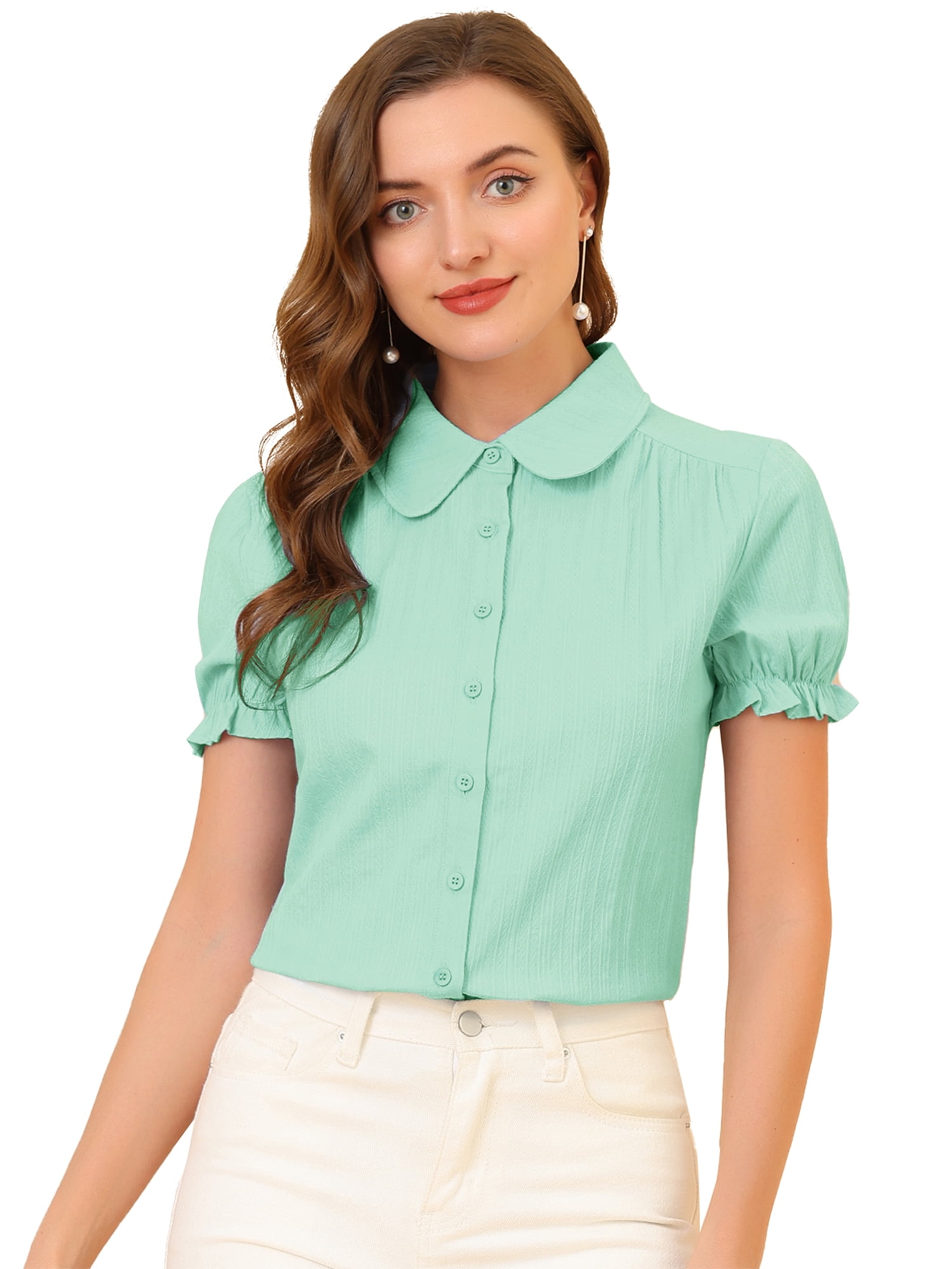 DARING DIVA Women's Collar Shirt Cotton Short Sleeve Button Down Shirt S Pine Green
