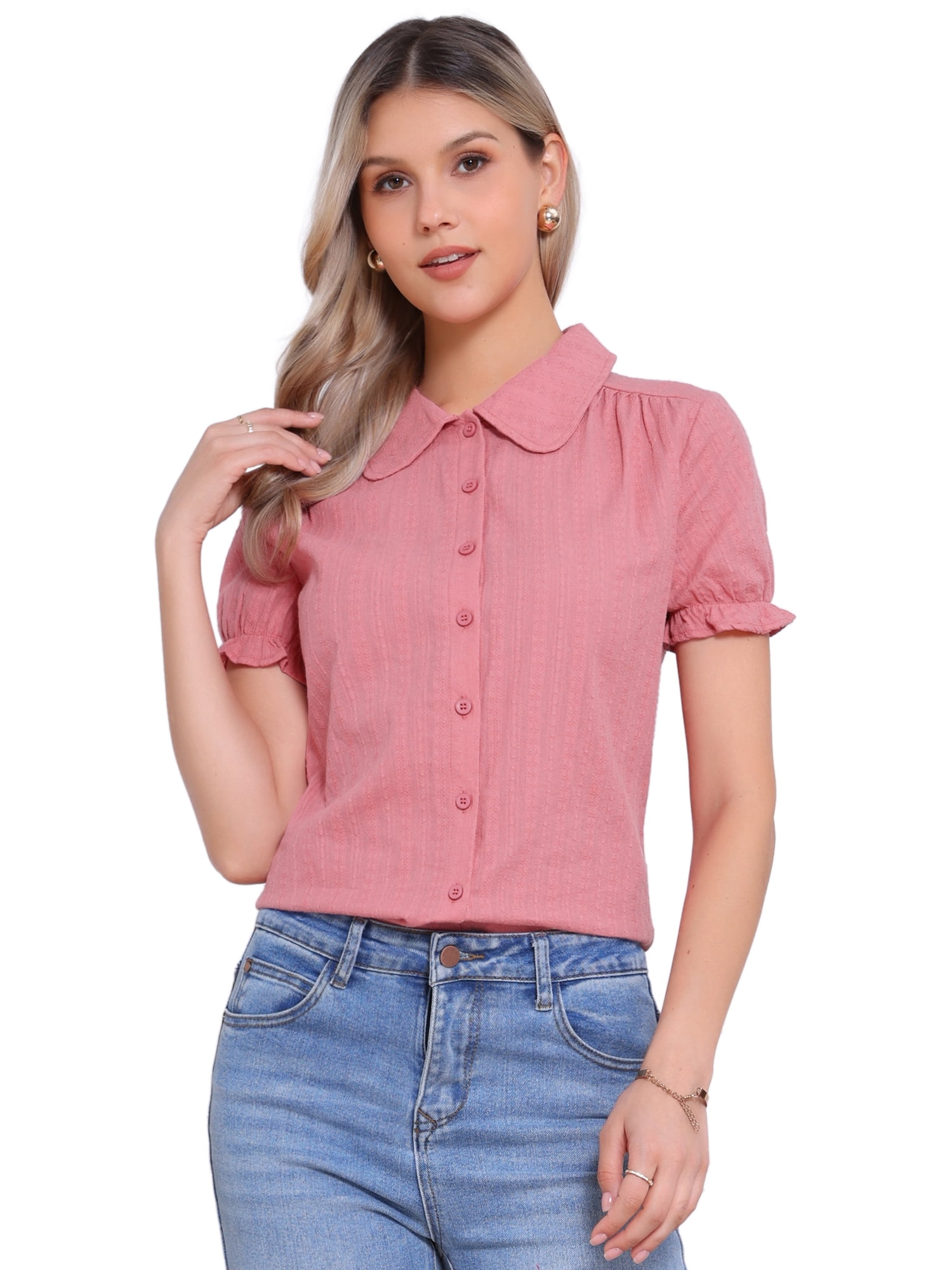 DARING DIVA Women's Collar Shirt Cotton Short Sleeve Button Down Shirt XL Dark Pink