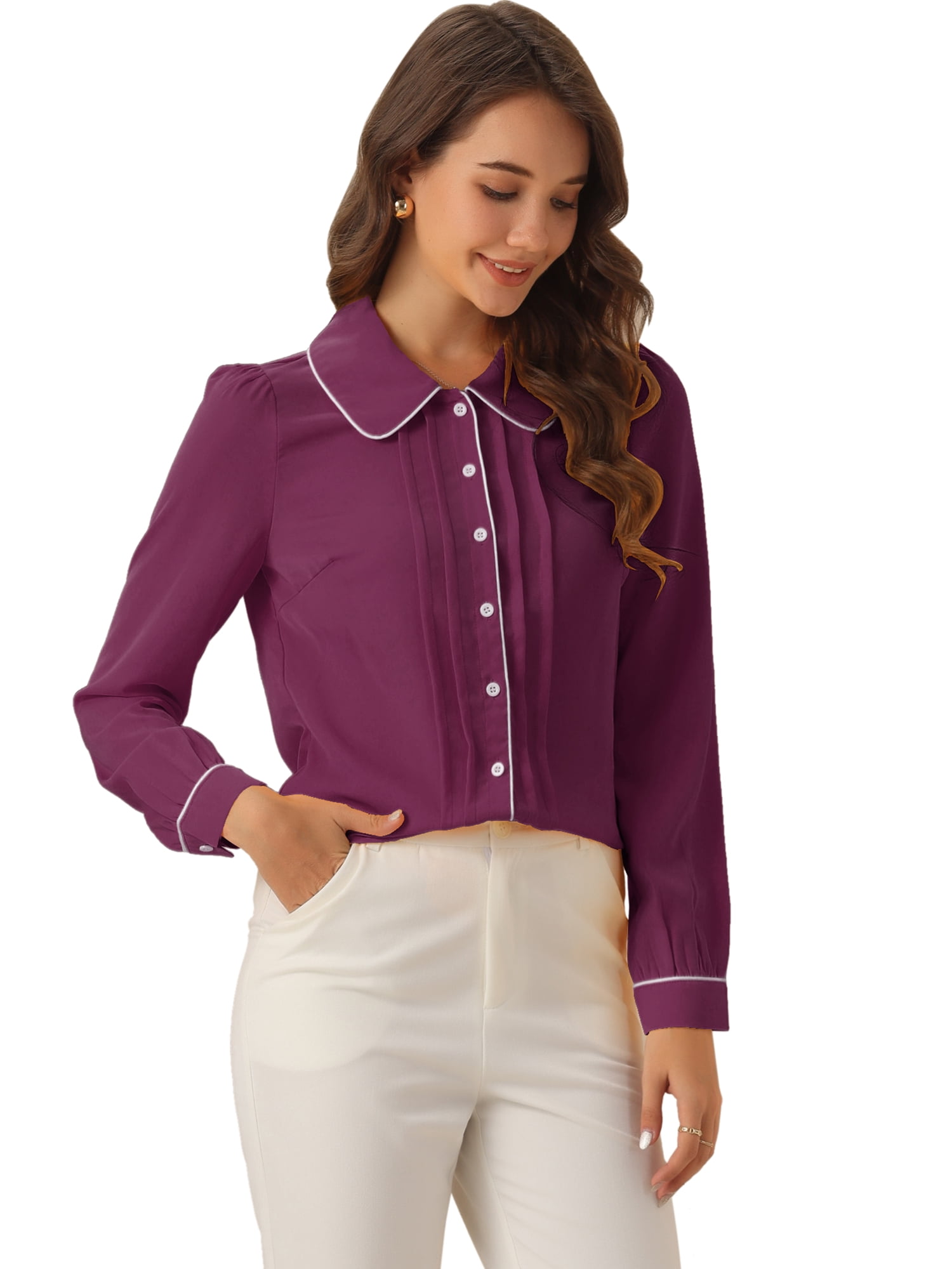 DARING DIVA Women's Collar Shirt Long Sleeve Elegant Button Down Blouse M Dark Purple