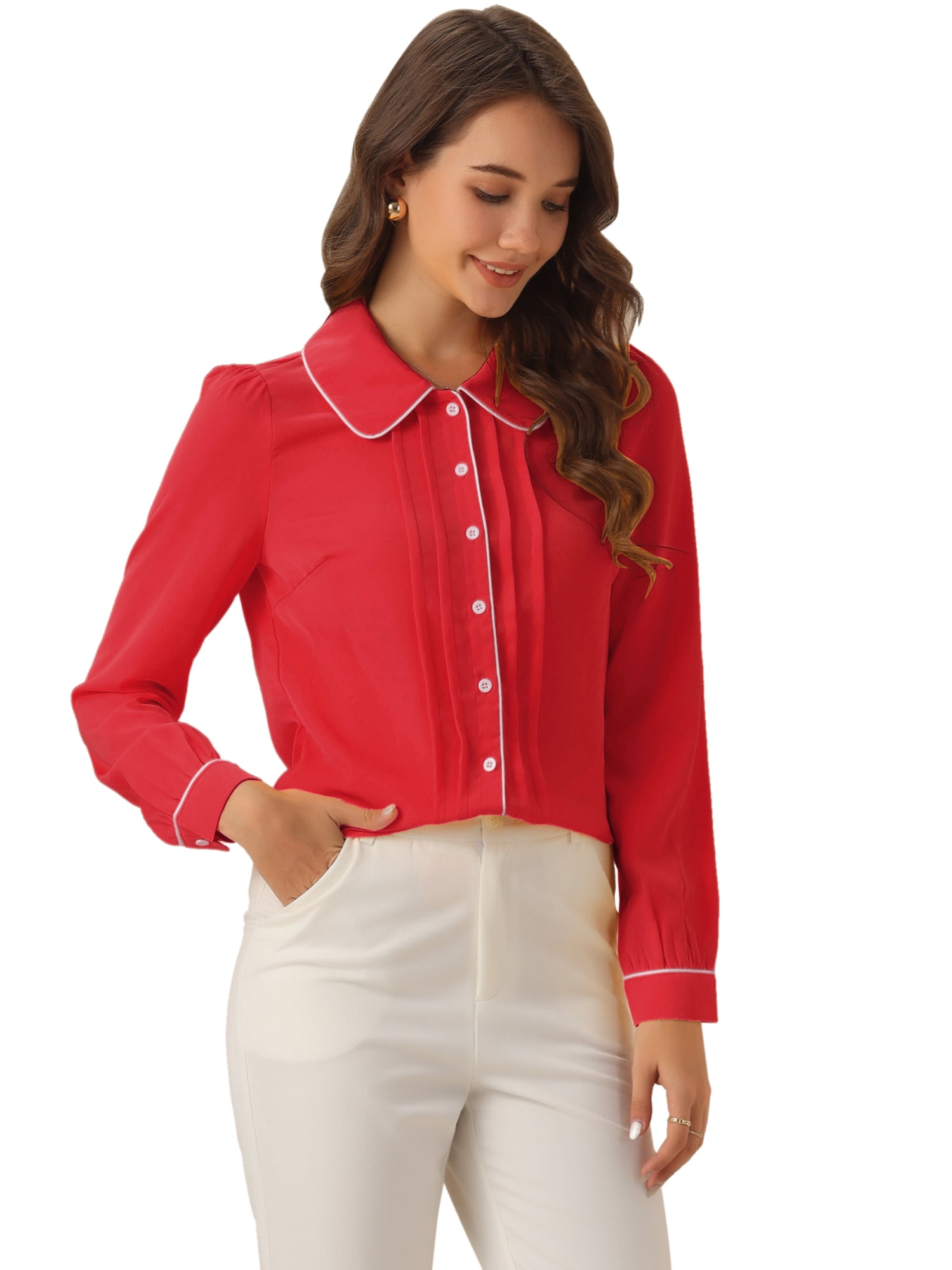 DARING DIVA Women's Collar Shirt Long Sleeve Elegant Button Down Blouse M Red