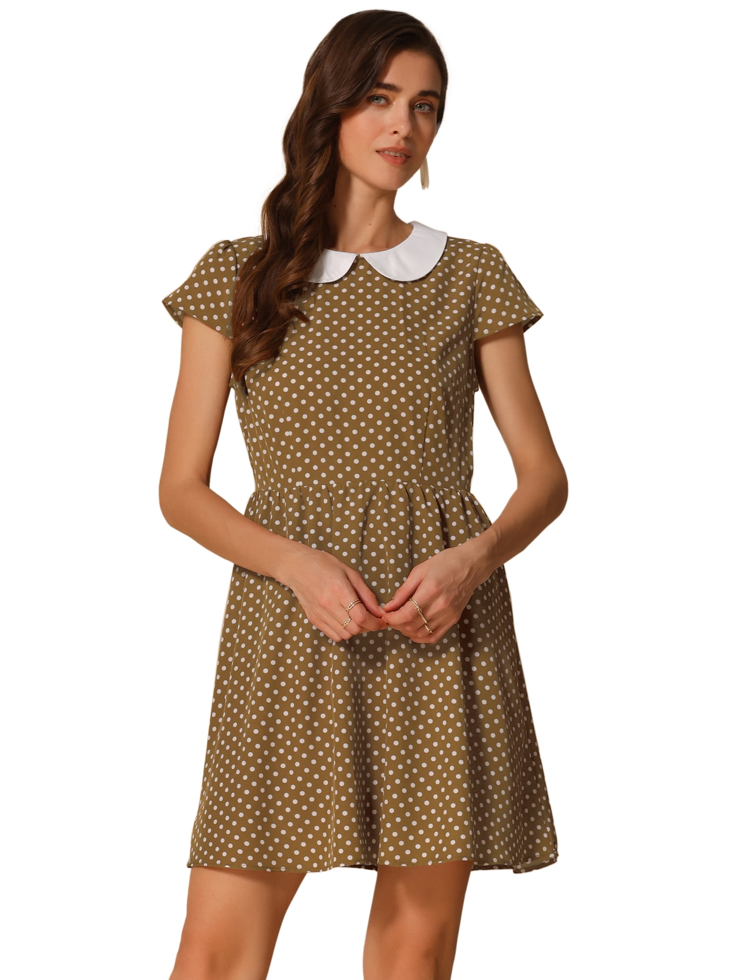 DARING DIVA Women's Collar Short Sleeves Contrast A-Line Polka Dots Dress S Brown