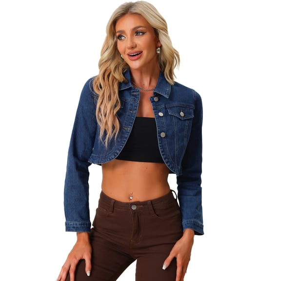 DARING DIVA Women's Collared Button Down Long Sleeve Crop Denim Jackets L Dark Blue