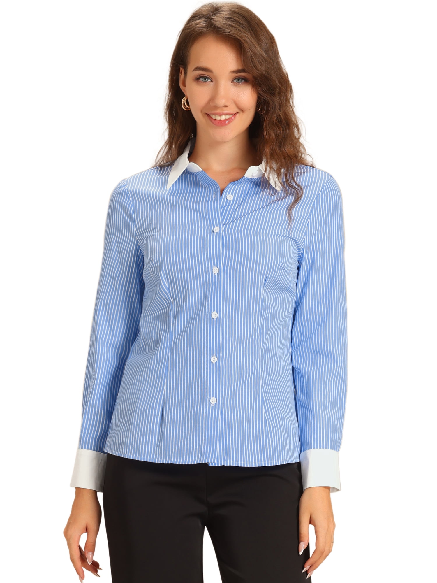 DARING DIVA Women's Collared Fitted Work Blouses L Blue