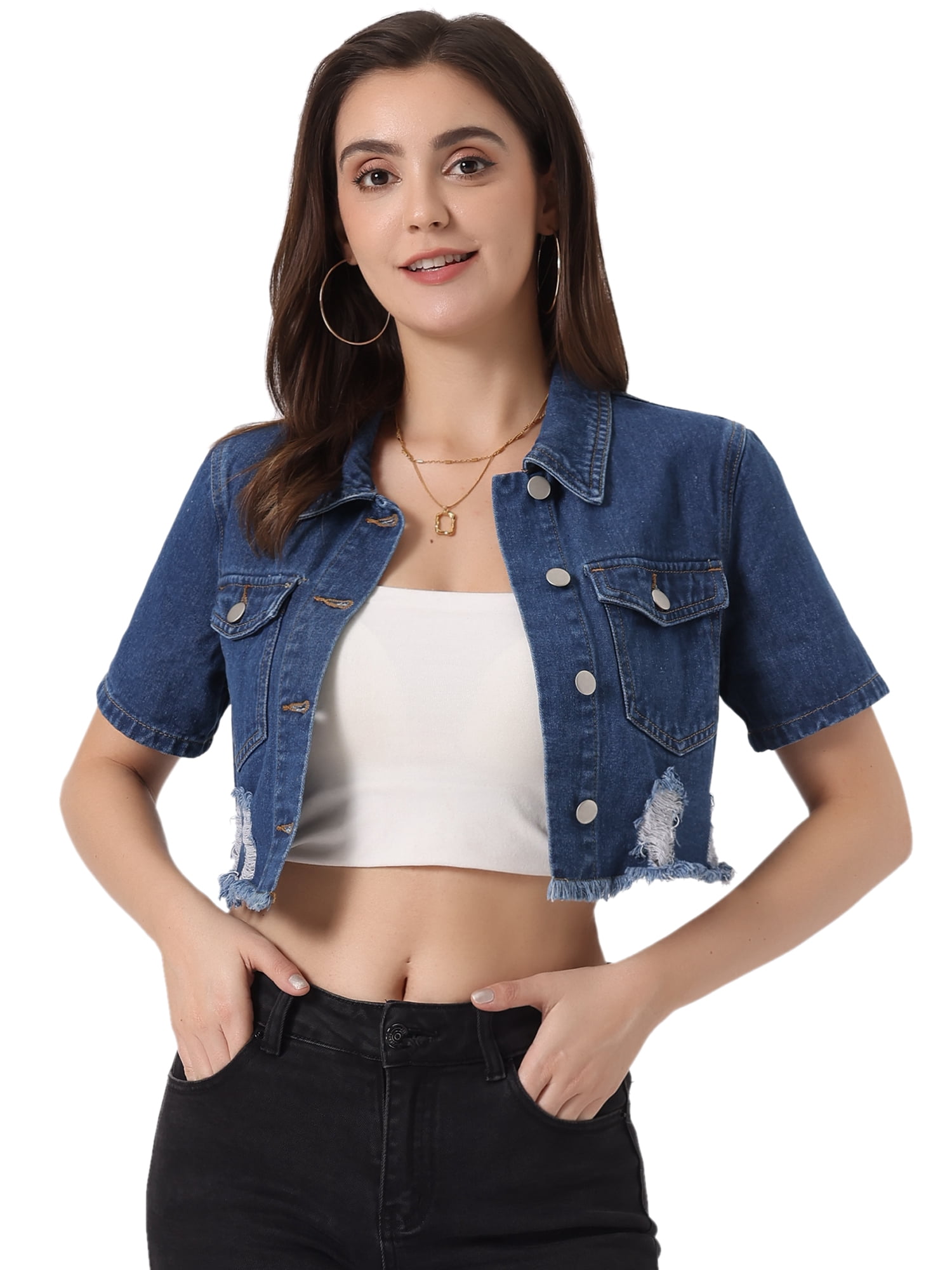 DARING DIVA Women's Collared Frayed Jean Denim Crop Jackets M Blue