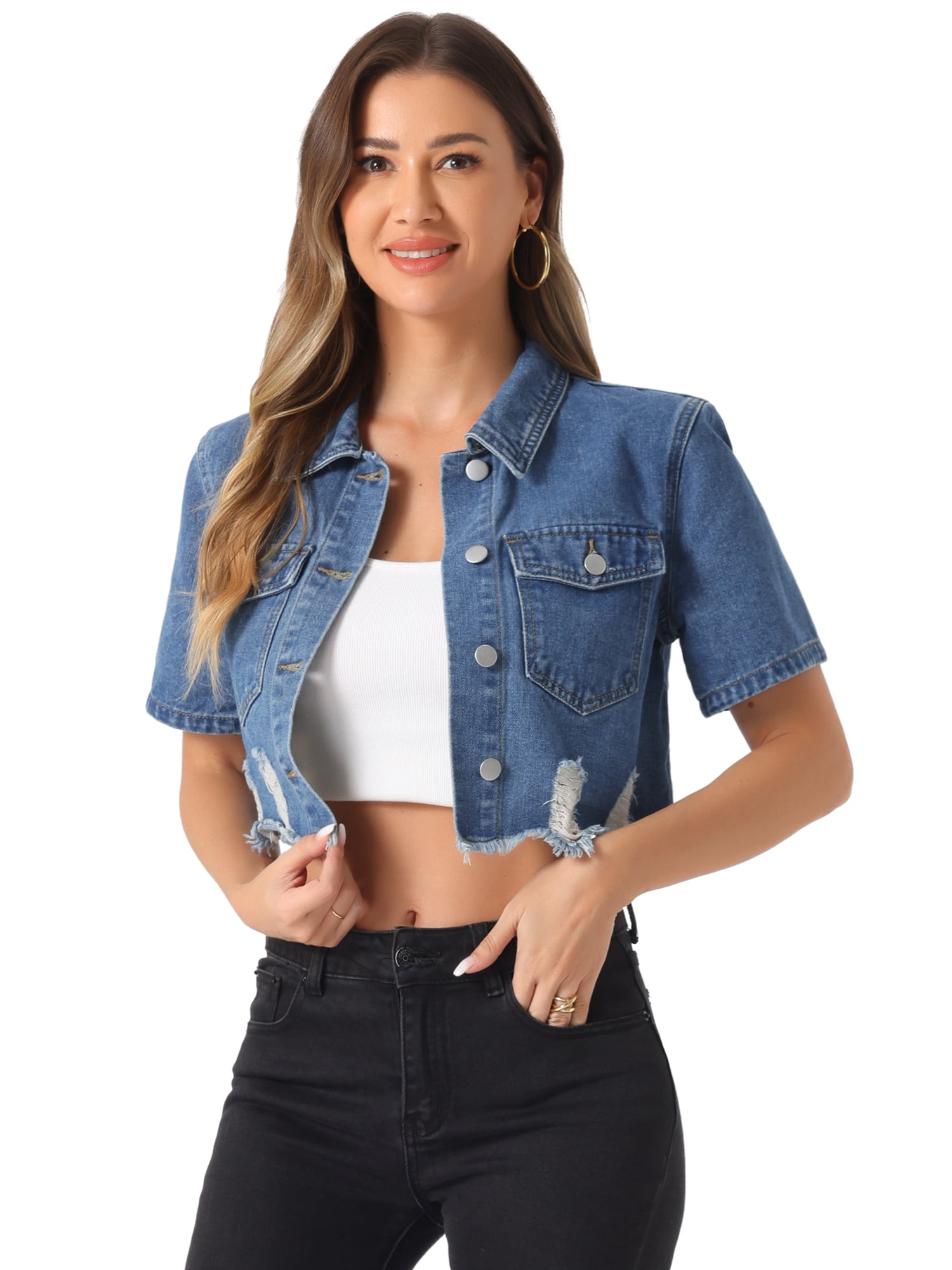 DARING DIVA Women's Collared Frayed Jean Denim Crop Jackets XS Sky Blue