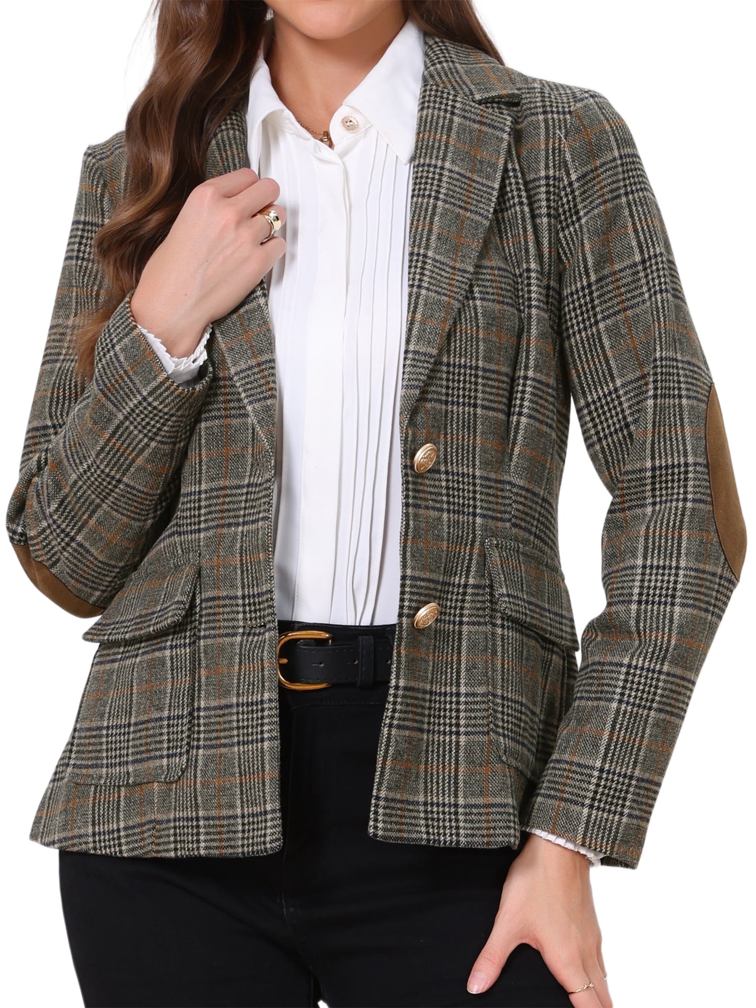 DARING DIVA Women's Collared Plaid Blazer Jacket Office Blazer XS Coffee Plaid