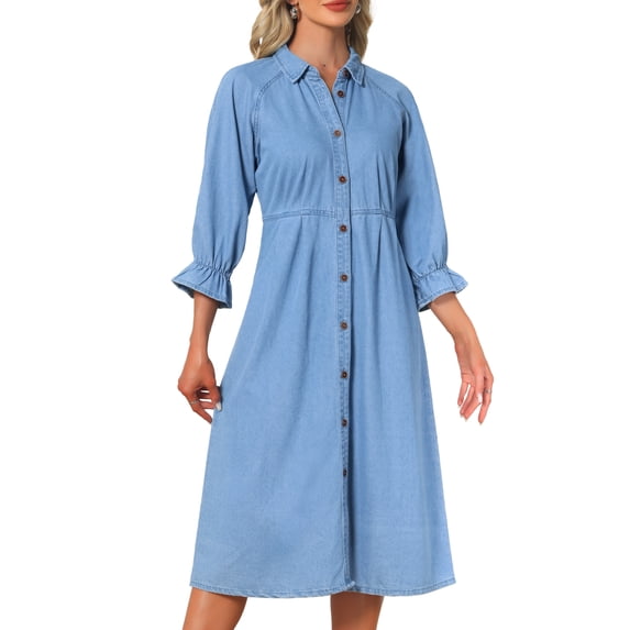 DARING DIVA Women's Collared Ruffle 3/4 Sleeve Jean Button Down Shirt Dress L Light Blue
