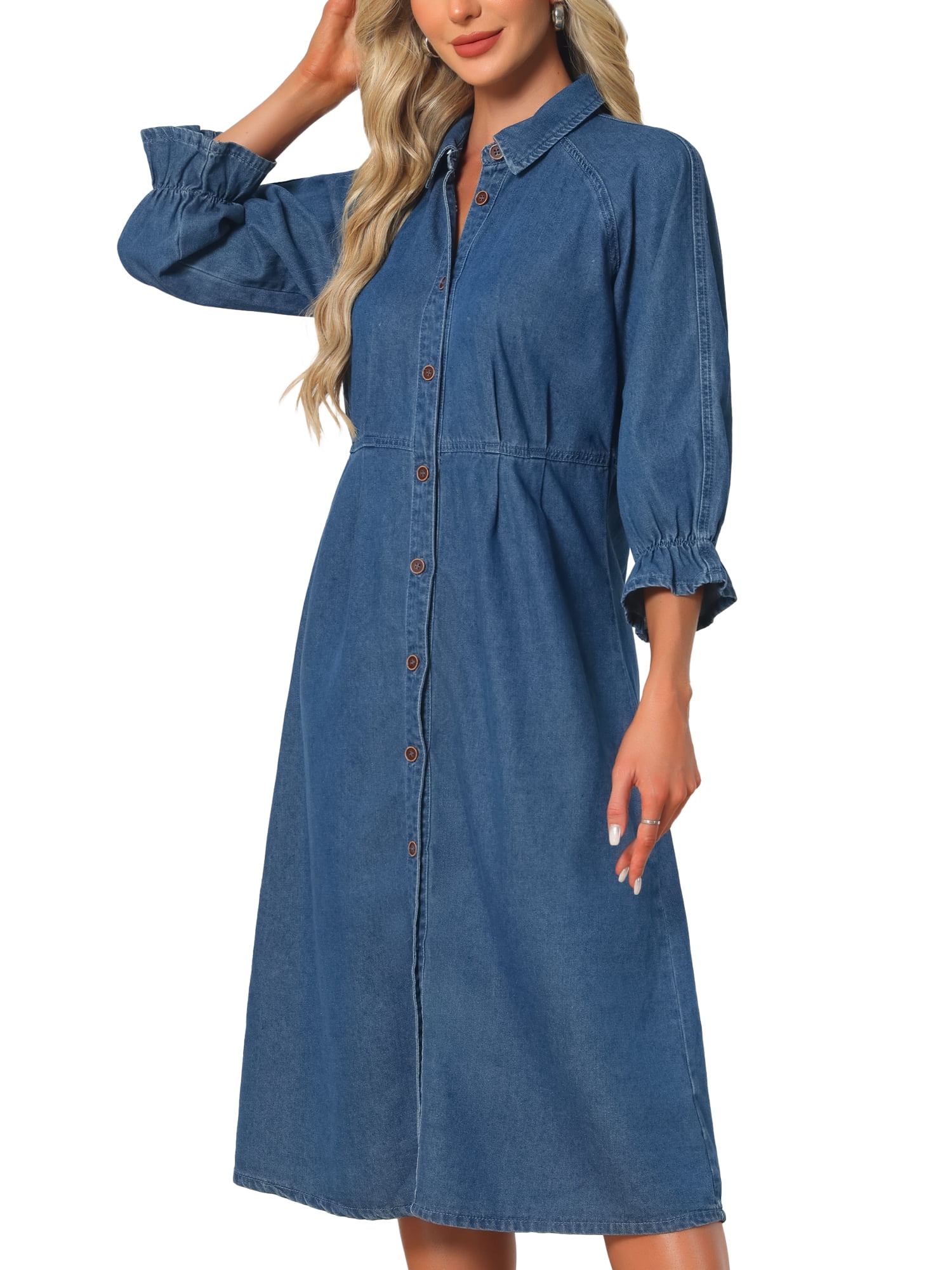 DARING DIVA Women's Collared Ruffle 3/4 Sleeve Jean Button Down Shirt Dress M Gray Blue