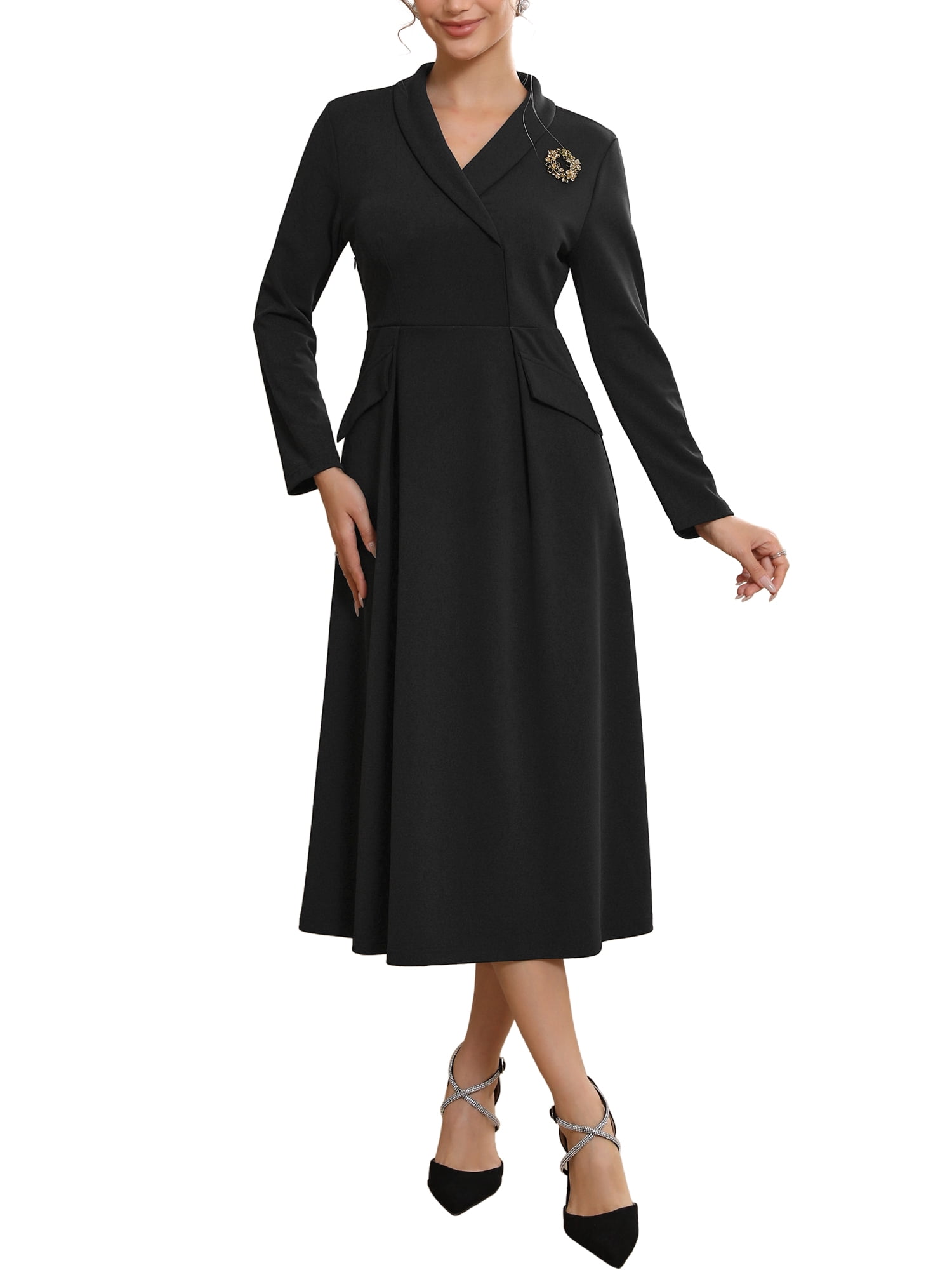 DARING DIVA Women's Collared V Neck Long Sleeve Blazer Dresses with Brooch S Black