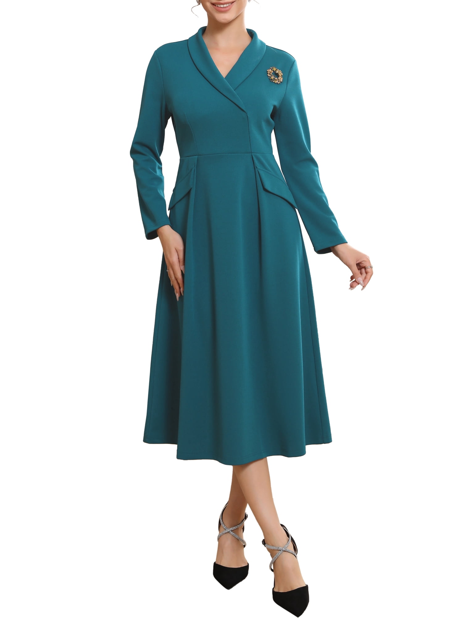 DARING DIVA Women's Collared V Neck Long Sleeve Blazer Dresses with Brooch S Blue Green