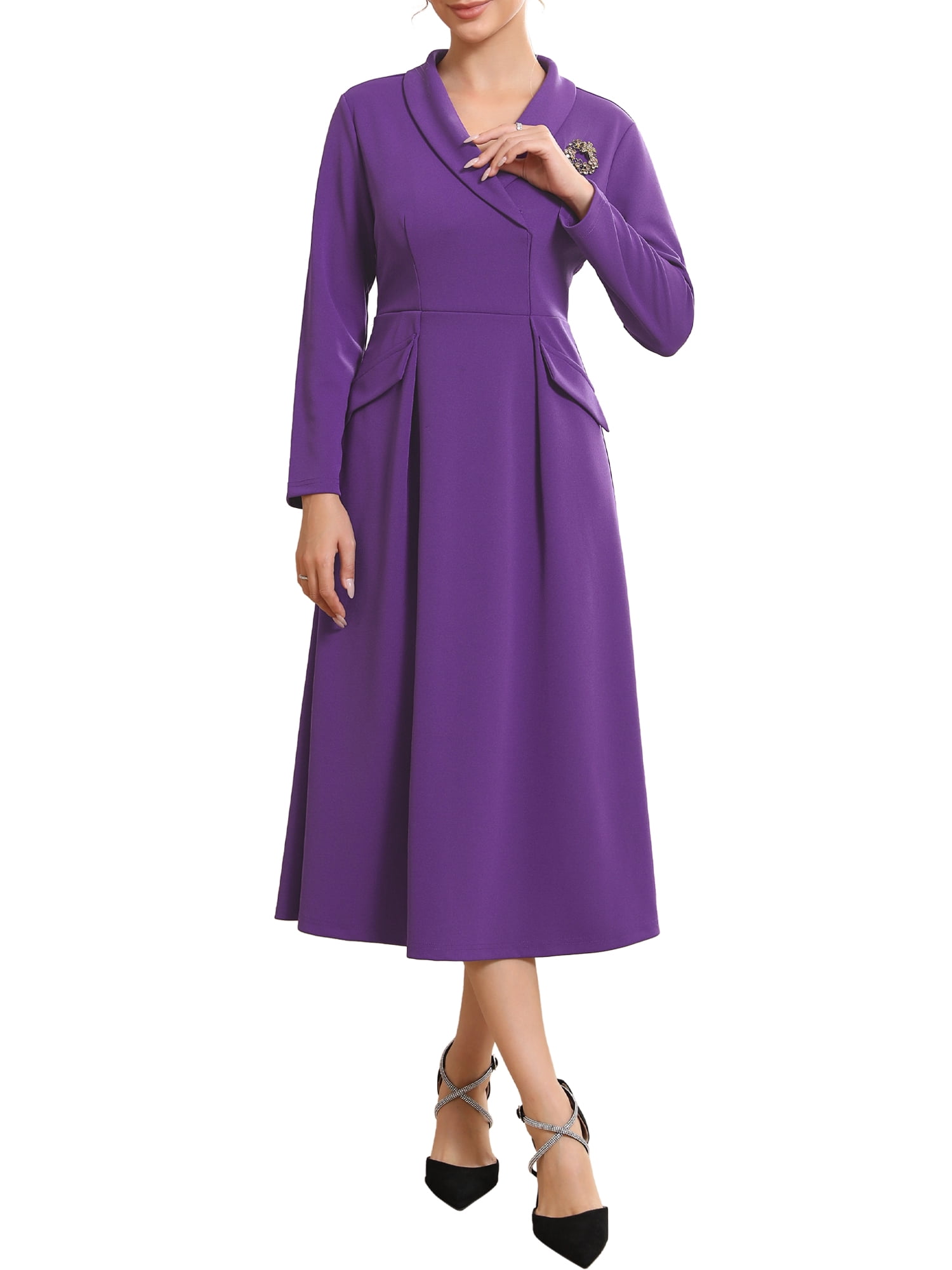 DARING DIVA Women's Collared V Neck Long Sleeve Blazer Dresses with Brooch S Purple