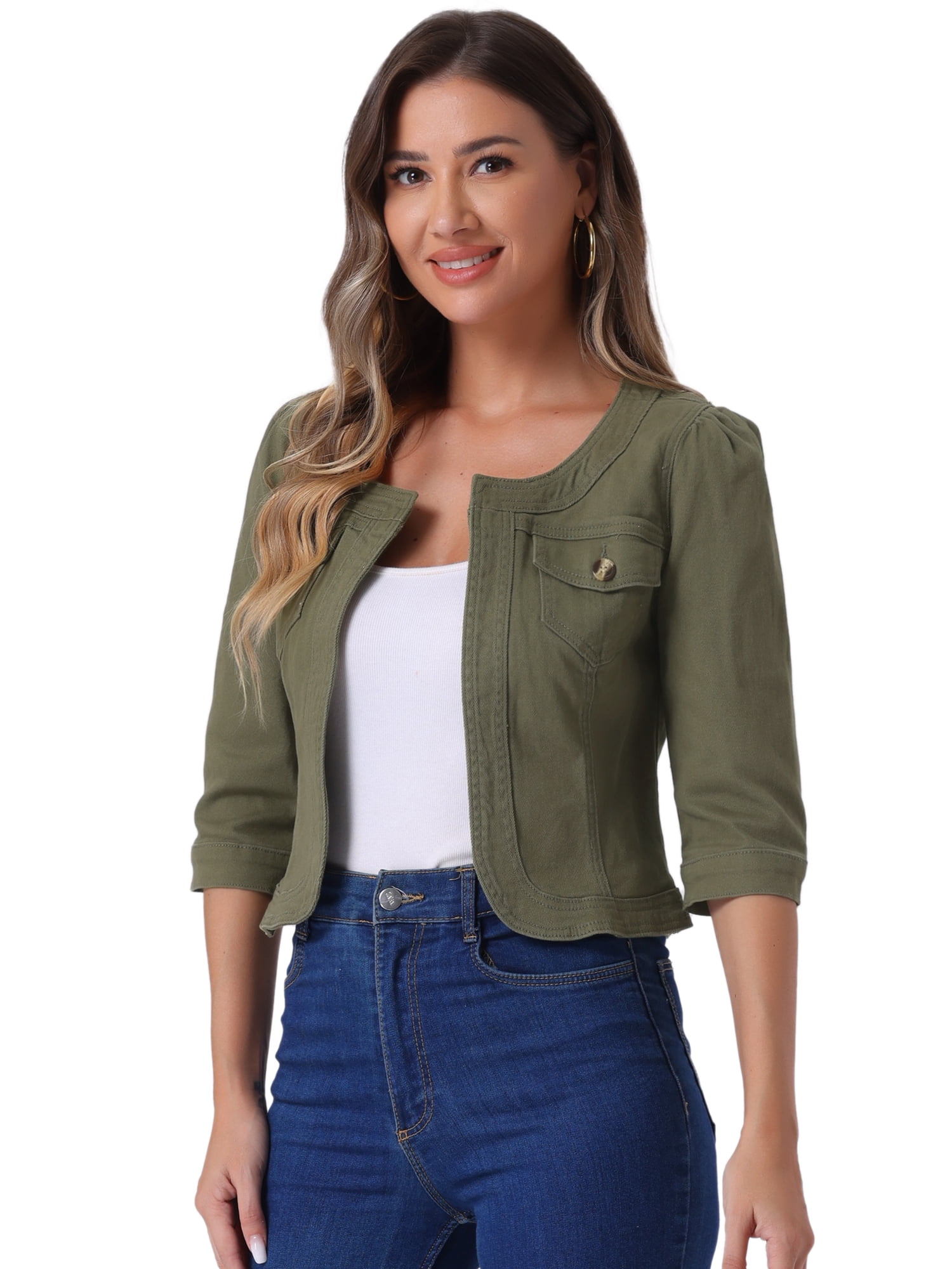 DARING DIVA Women's Collarless 3/4 Sleeve Denim Jackets L Army Green