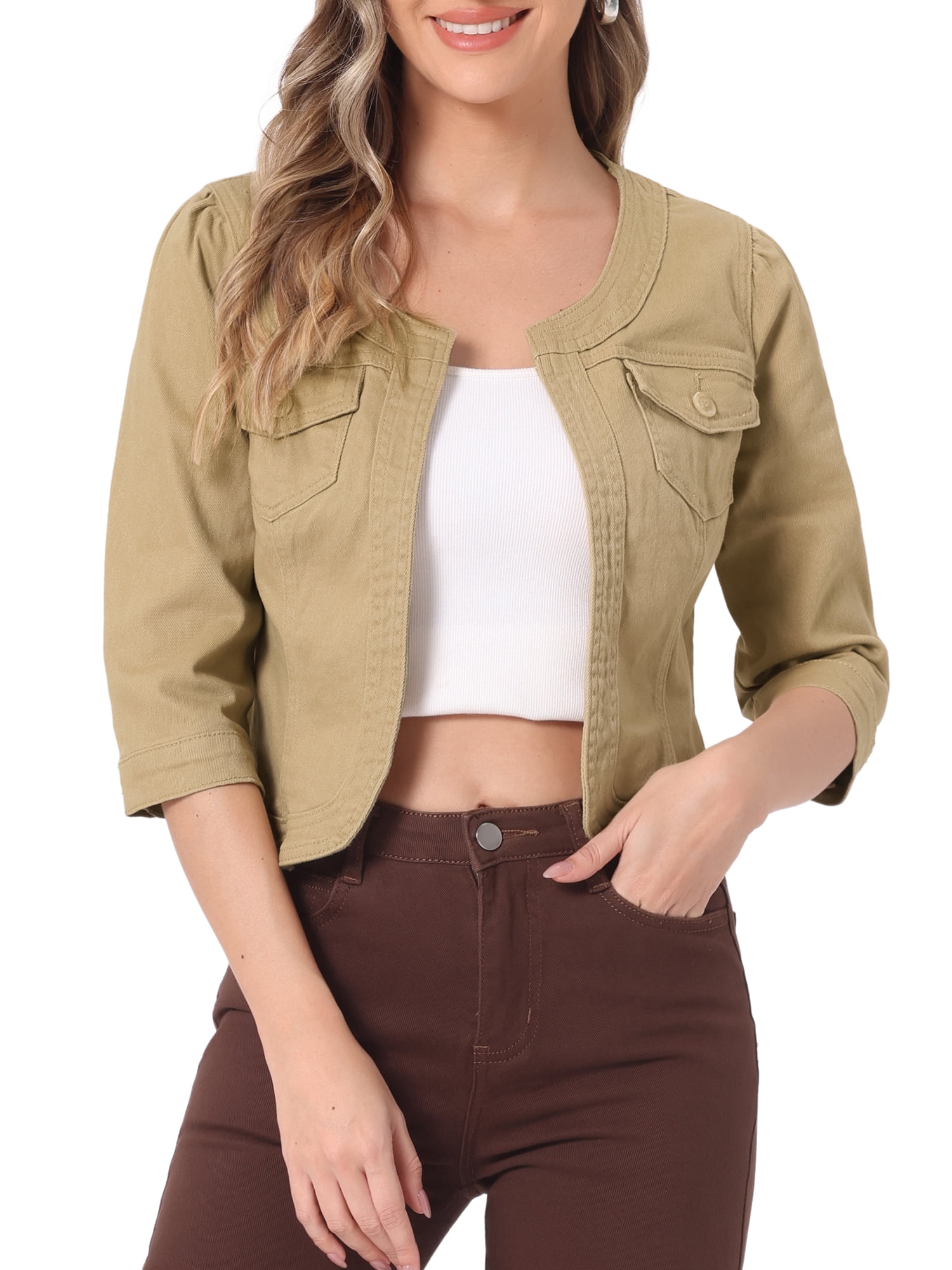 DARING DIVA Women's Collarless 3/4 Sleeve Open Front Denim Jacket XL Khaki