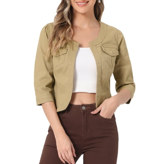 DARING DIVA Women's Collarless 3/4 Sleeve Open Front Denim Jacket XL Khaki