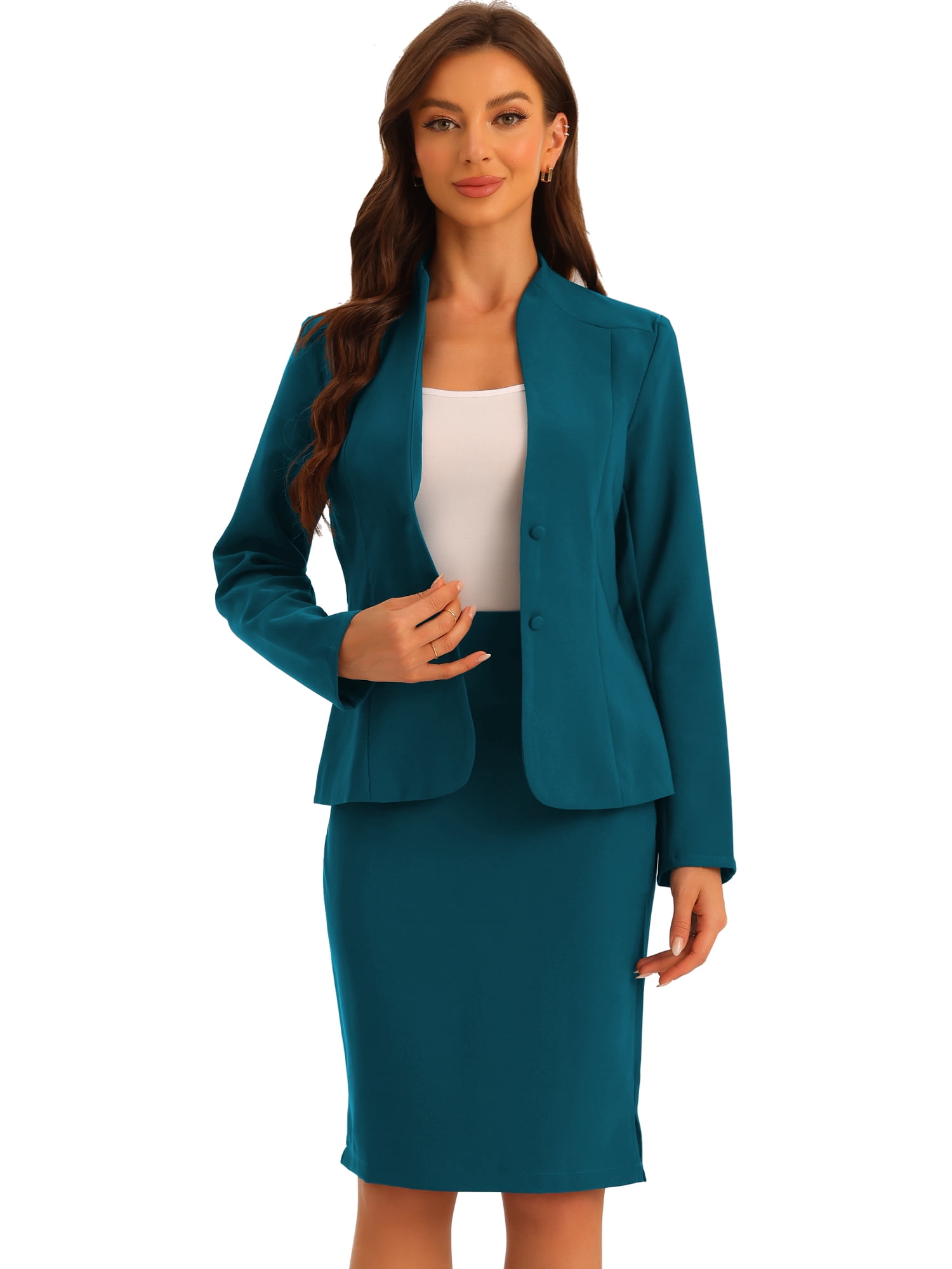 DARING DIVA Women's 2-Piece Business Blazer Pencil Skirt Suit Set 2XL Lake Blue