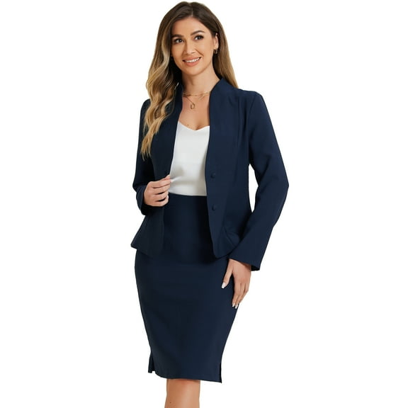 DARING DIVA Women's Collarless Blazer Formal 2pcs Skirt Suit Sets L Dark Blue