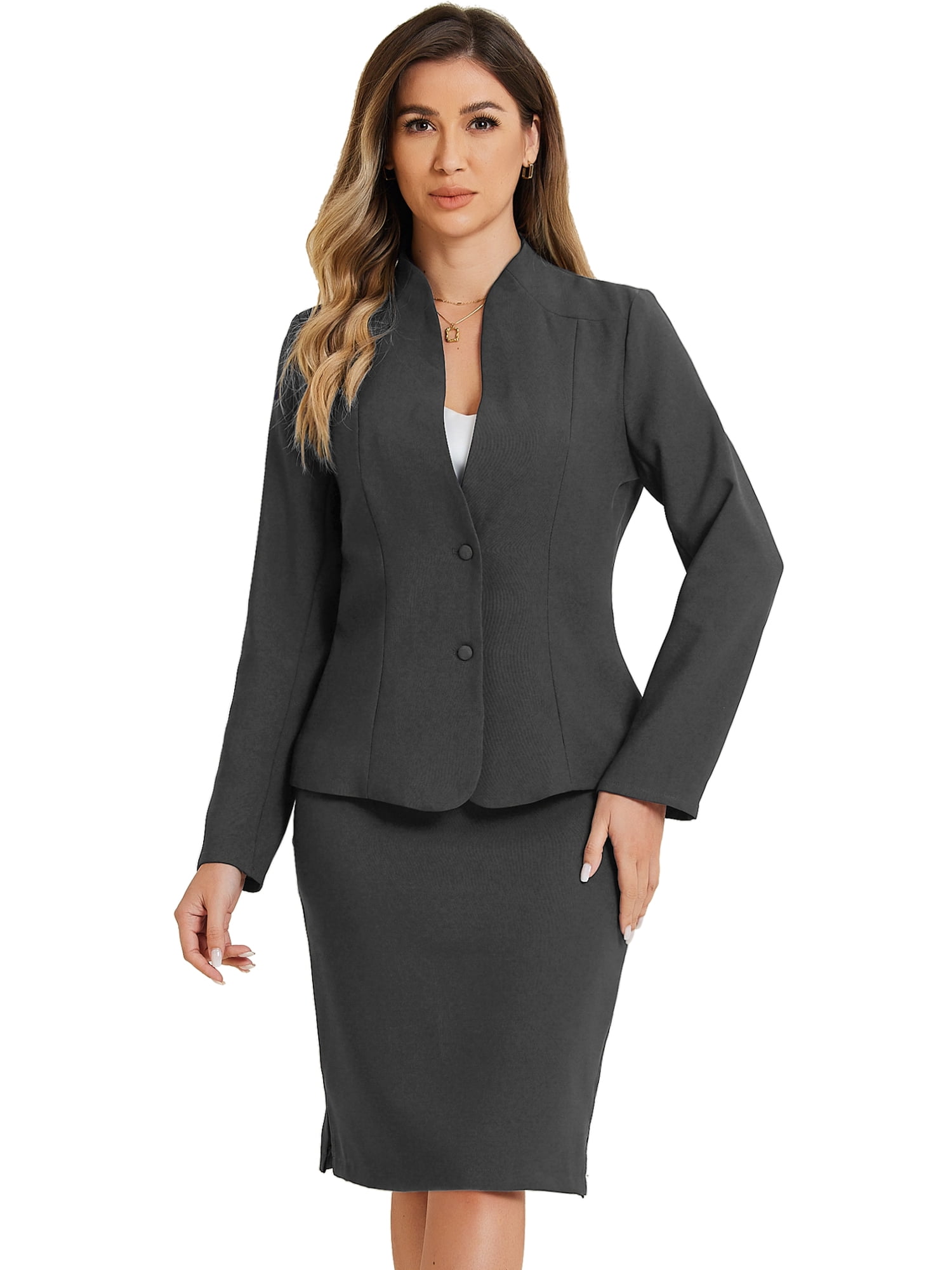 Daring Diva Women's 2-Piece Business Blazer Pencil Skirt Suit Set M Dark Grey, Size: Medium